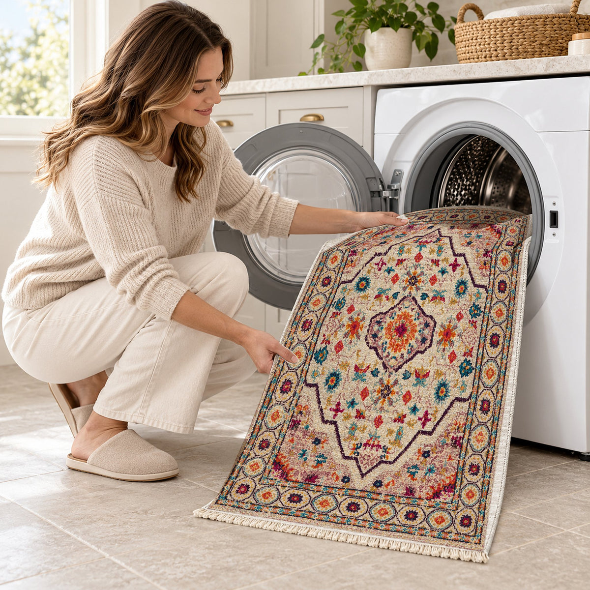 Vintage Medallion 7655 Aubergine washable rug being loaded into a washing machine