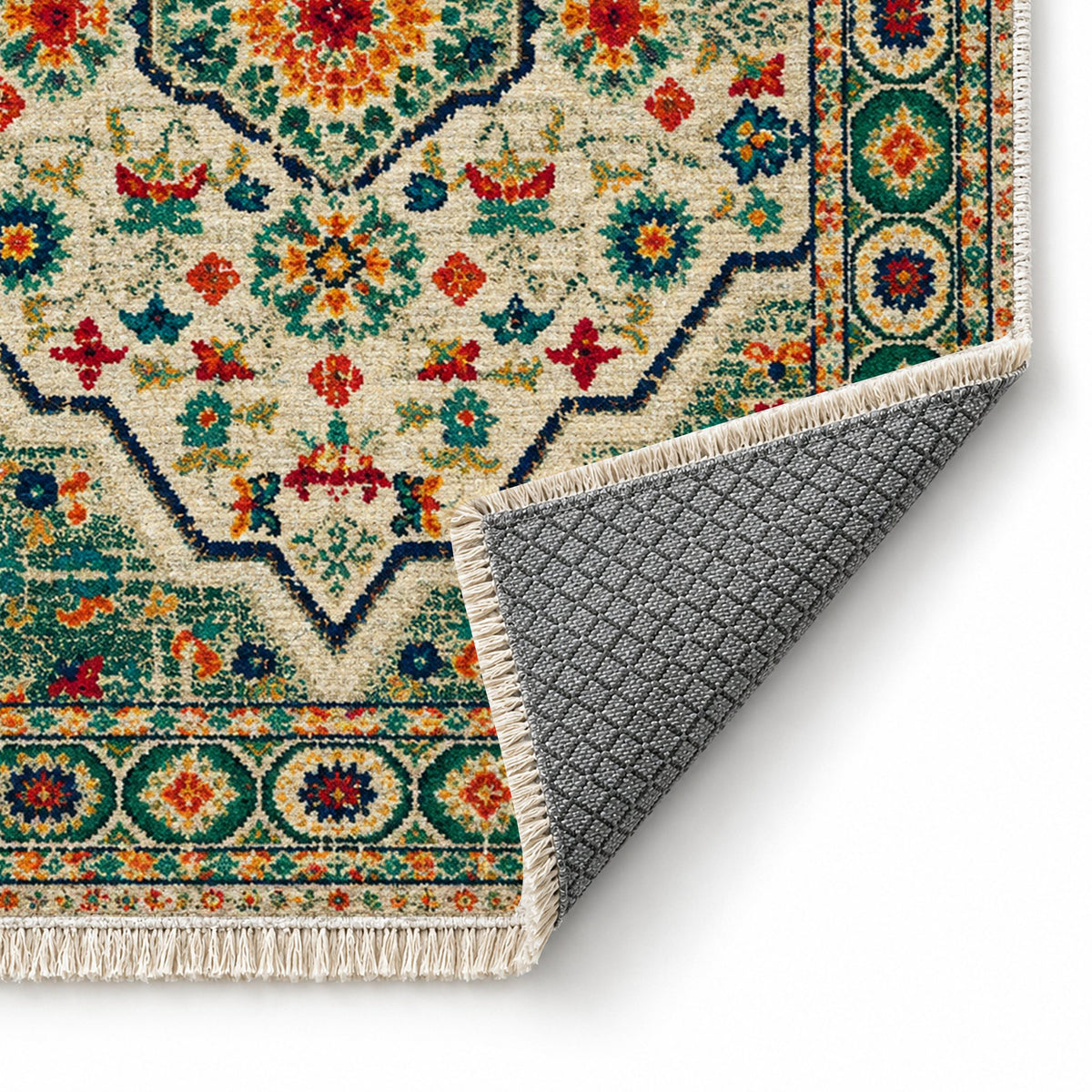 Vintage Medallion 7655 Emerald washable rug folded corner showing the backing