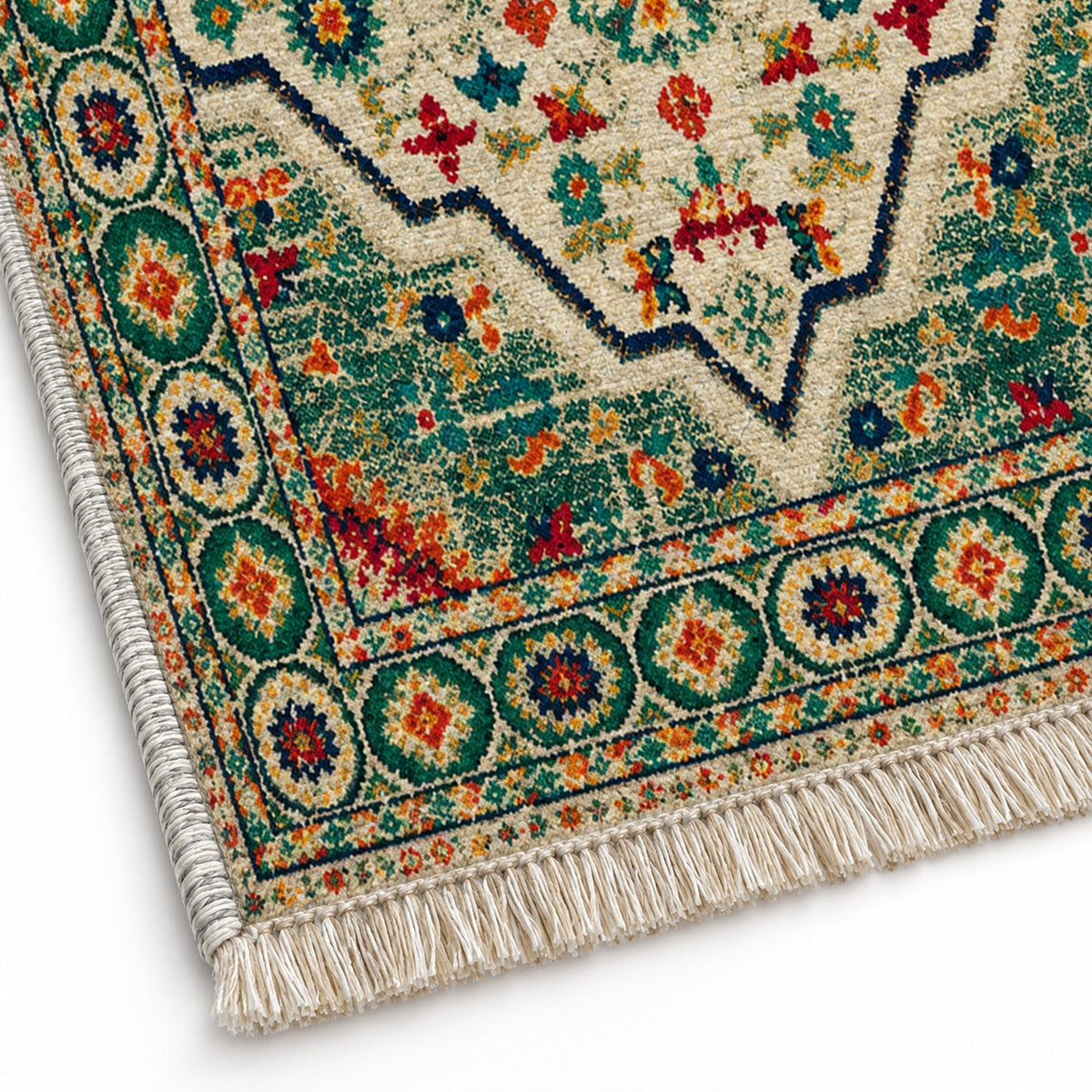 Vintage Medallion 7655 Emerald washable rug close-up of the printed chenille