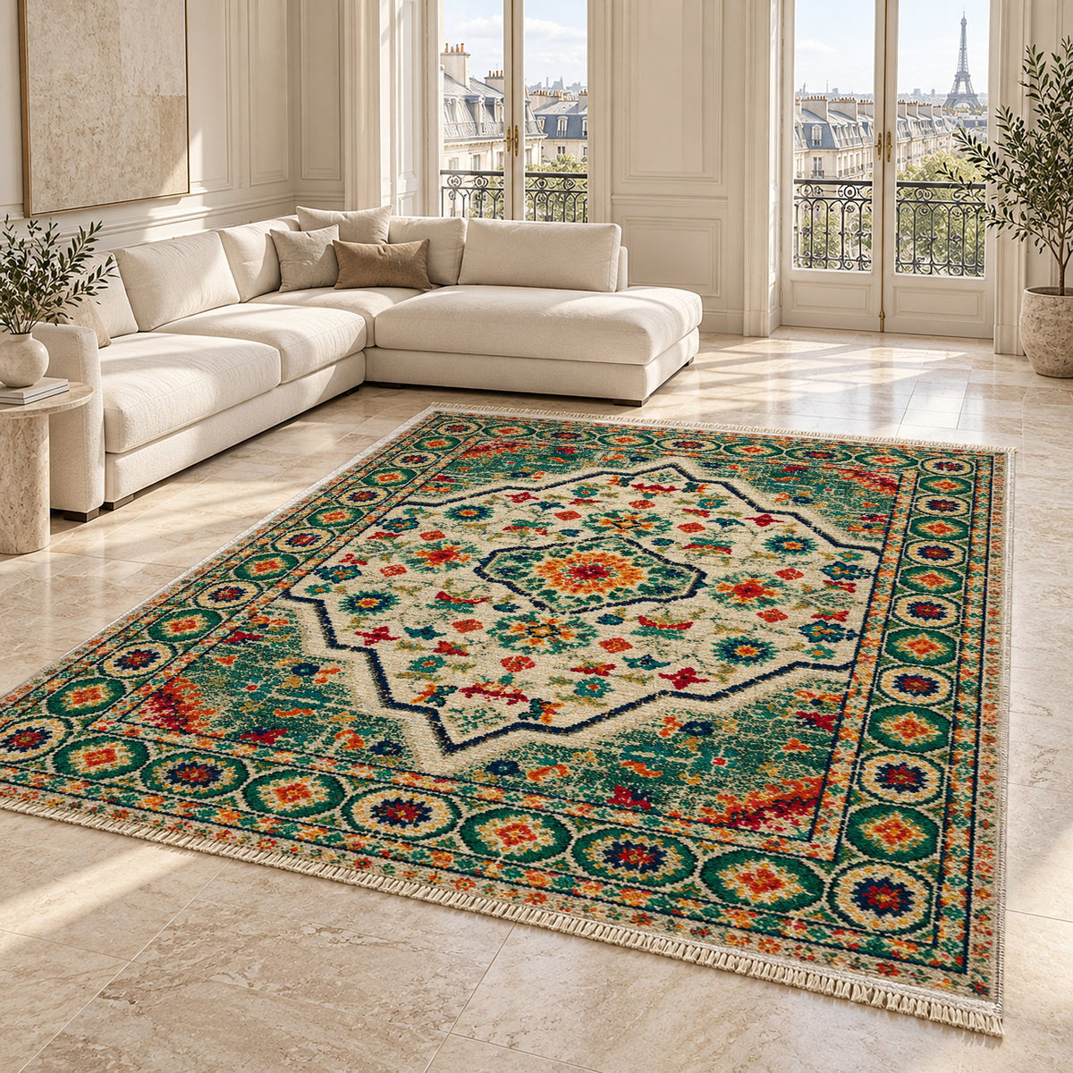 Vintage Medallion 7655 Emerald washable rug angled room view on marble