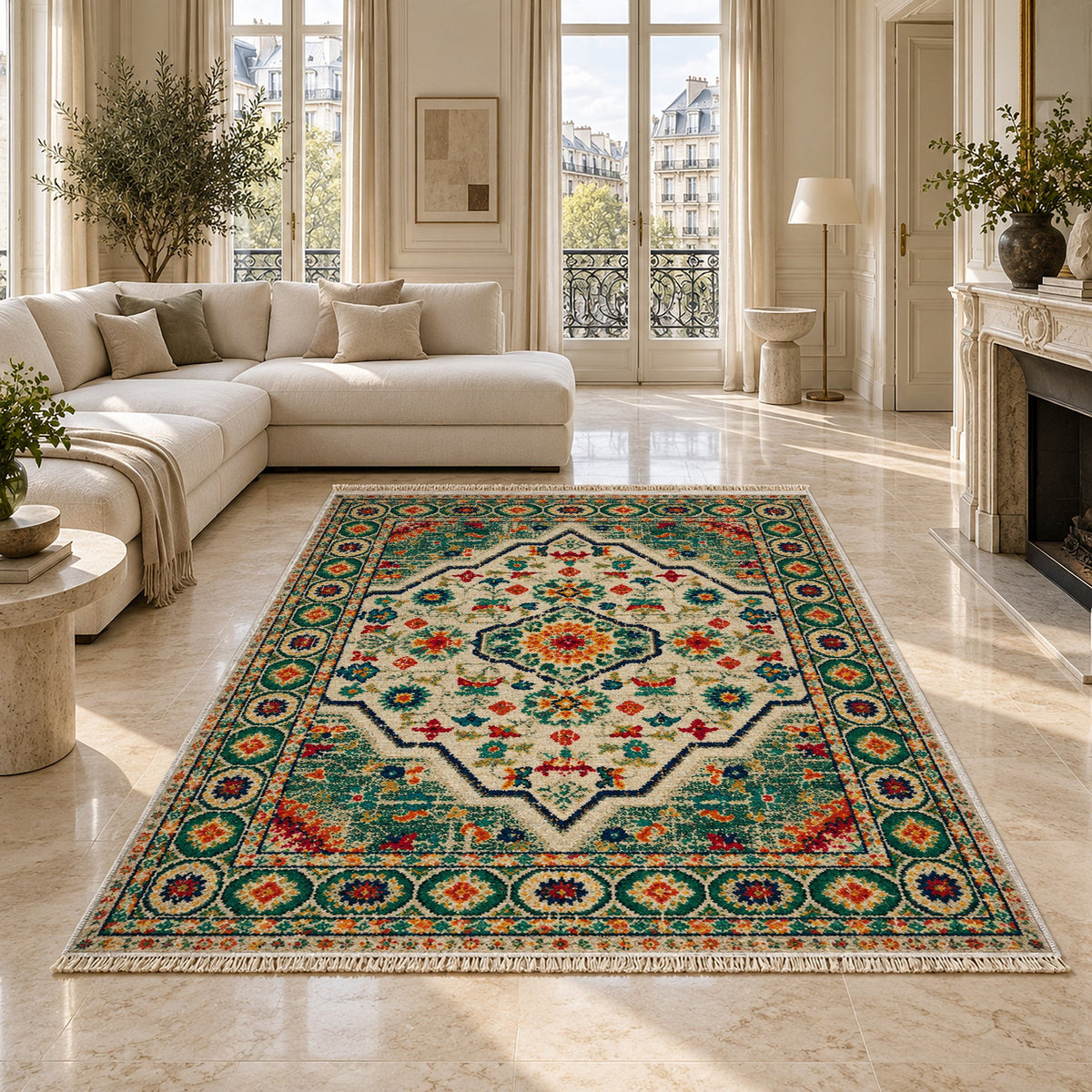 Vintage Medallion 7655 Emerald washable rug on a marble floor