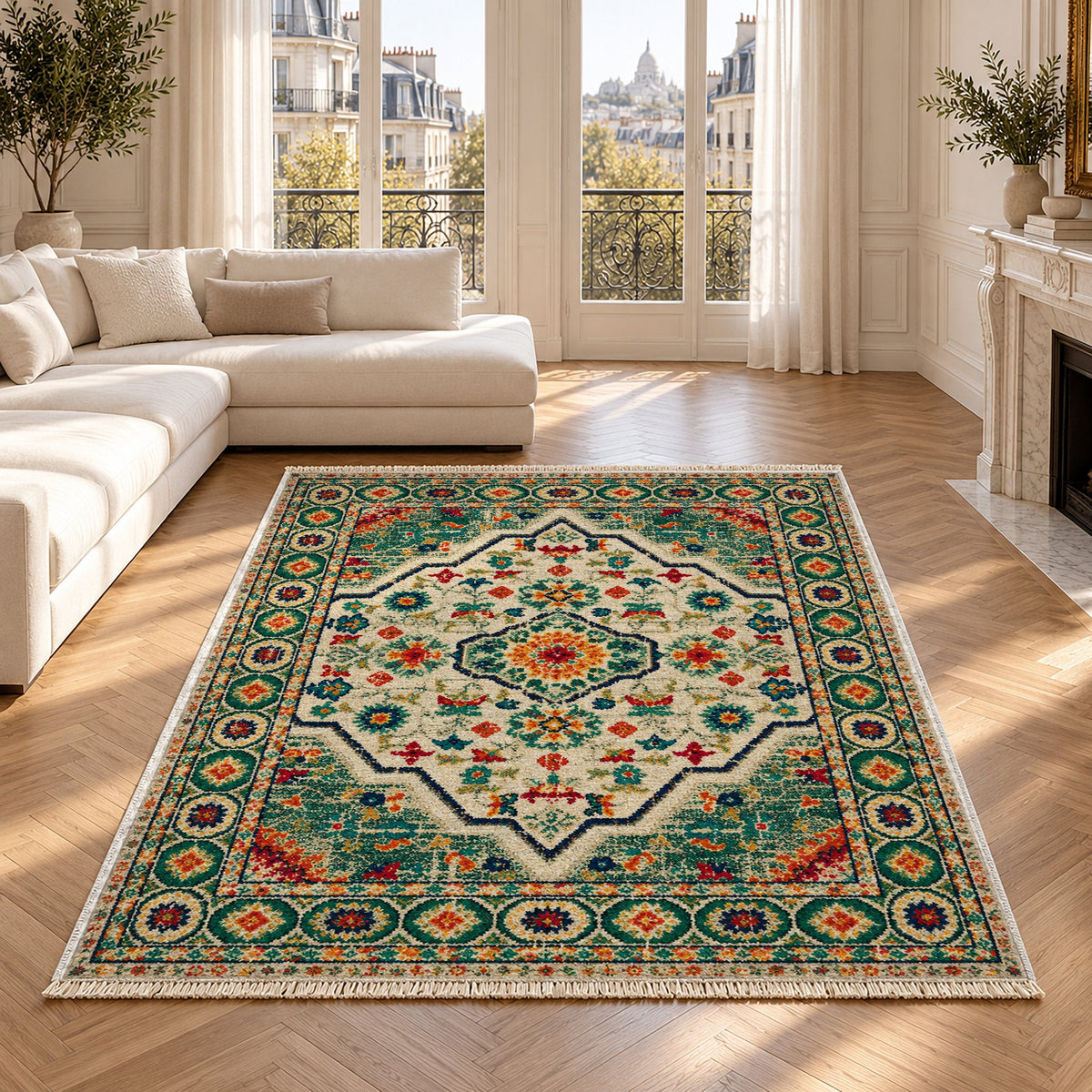 Vintage Medallion 7655 Emerald washable rug in a Paris living room