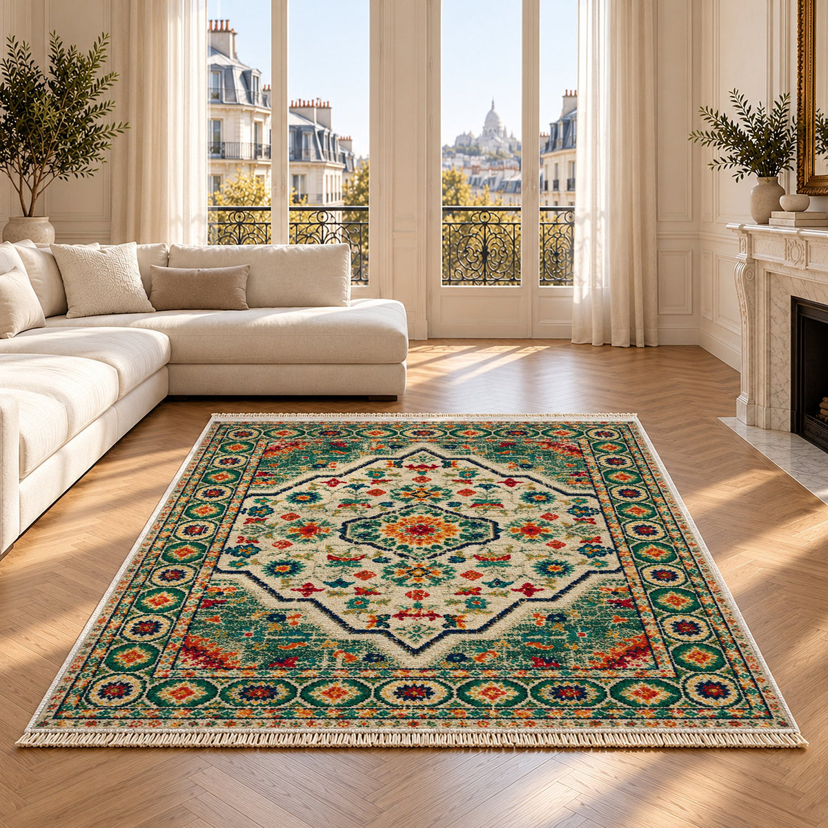 Vintage Medallion 7655 Emerald washable rug on an oak floor