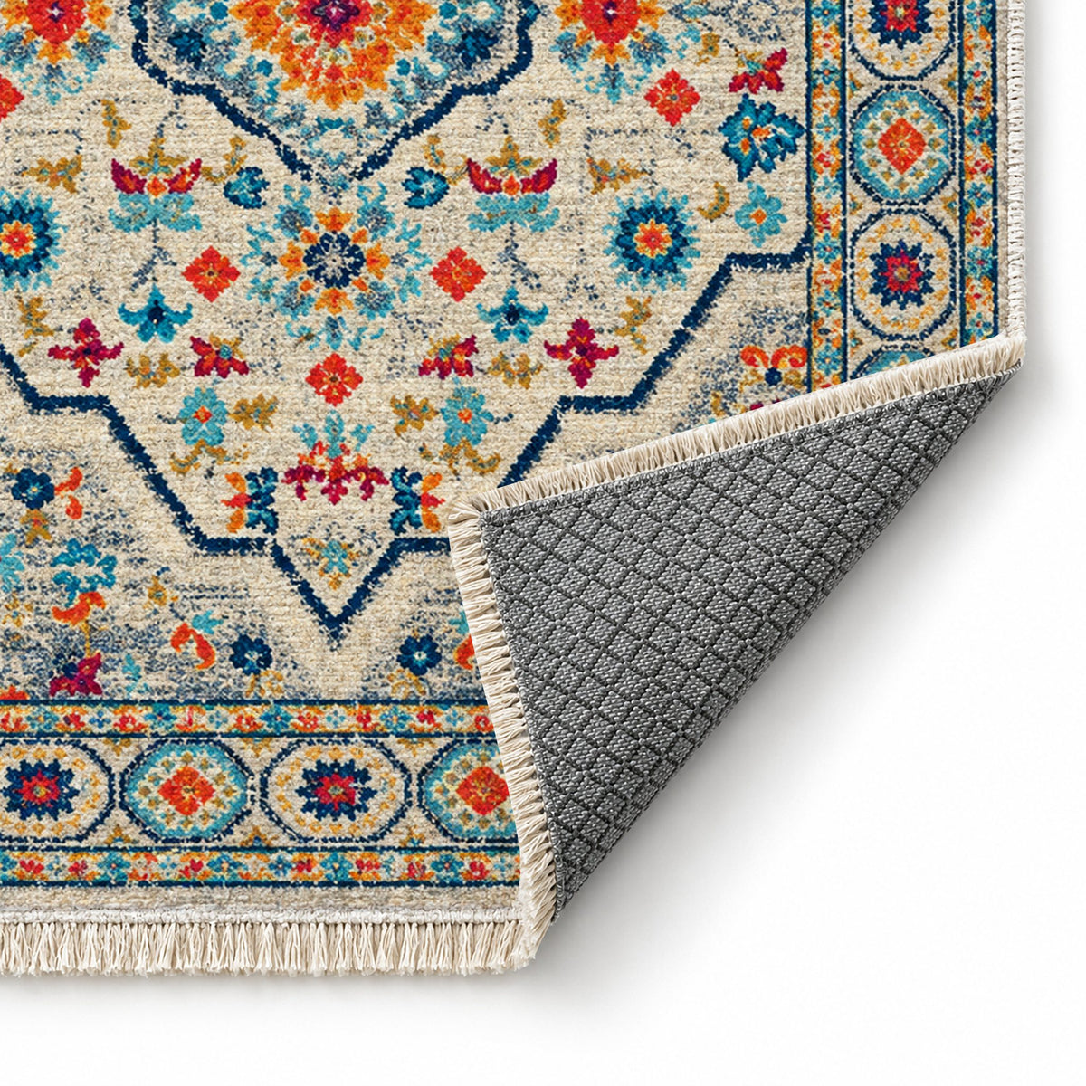 Vintage Medallion 7655 Sapphire washable rug folded corner showing the backing