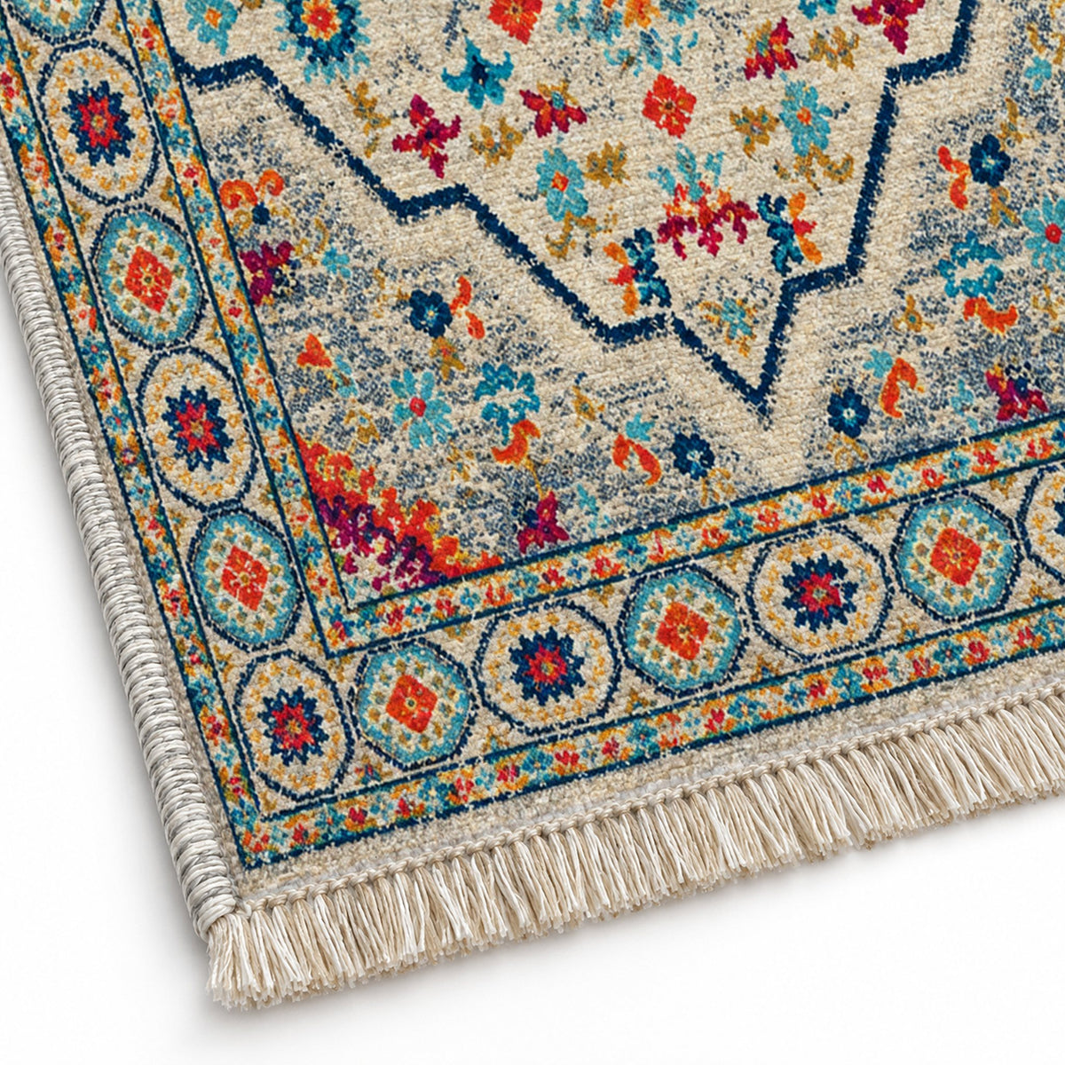 Vintage Medallion 7655 Sapphire washable rug close-up of the printed chenille