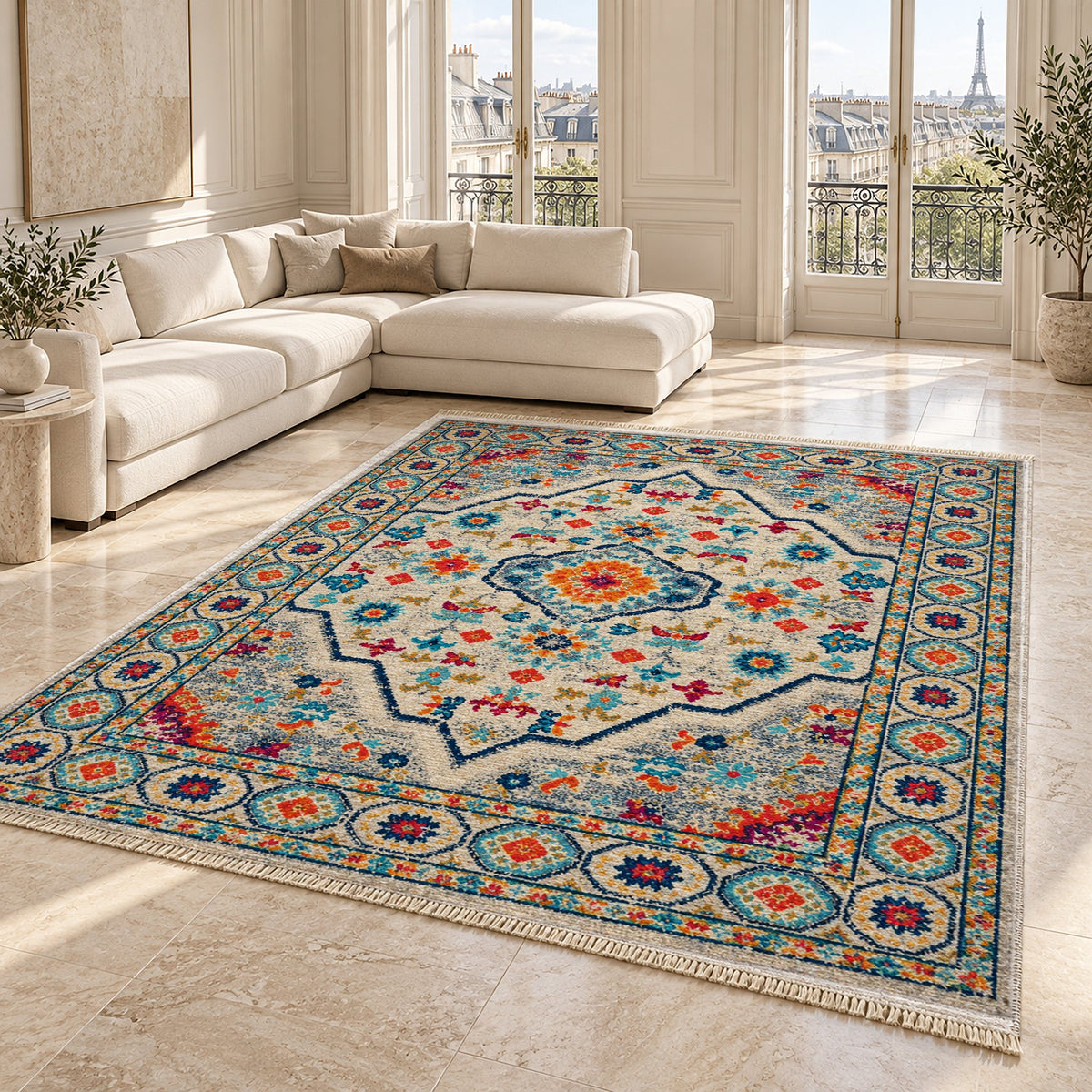 Vintage Medallion 7655 Sapphire washable rug angled room view on marble