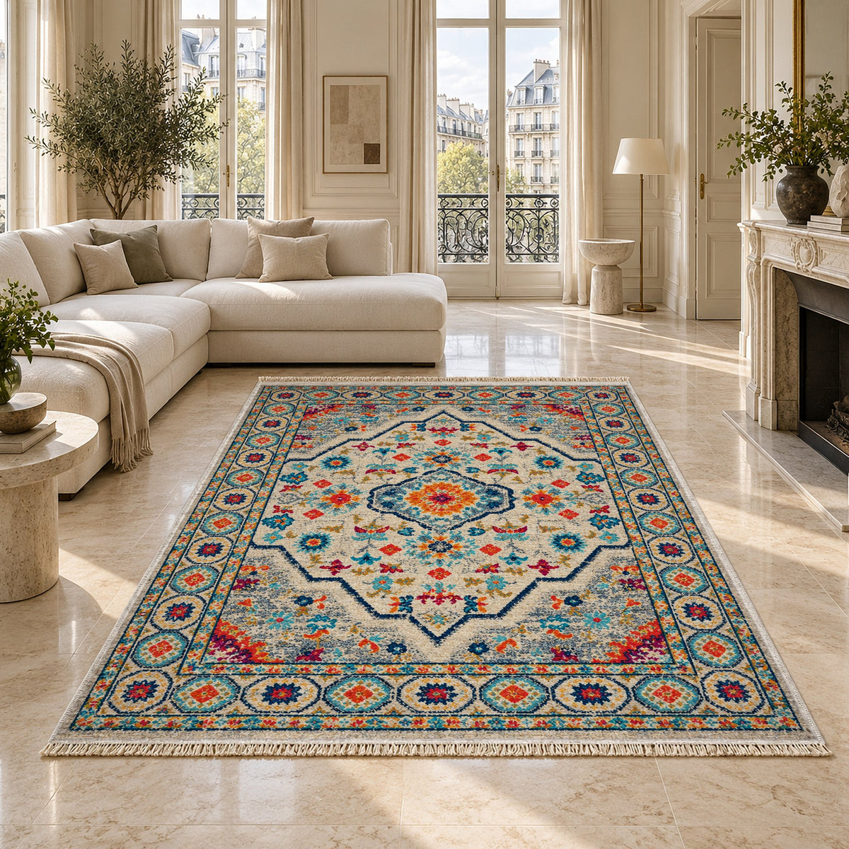 Vintage Medallion 7655 Sapphire washable rug on a marble floor