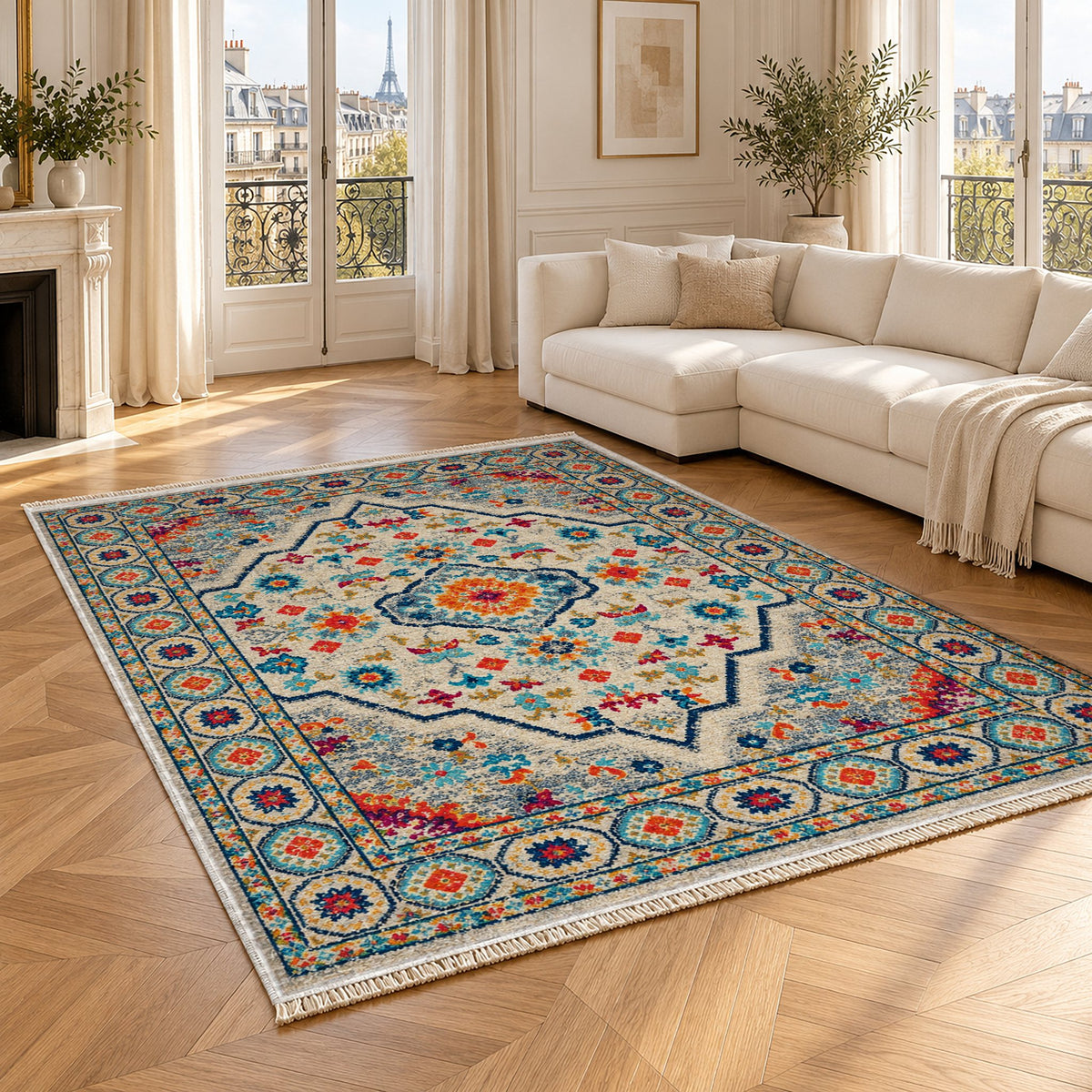 Vintage Medallion 7655 Sapphire washable rug angled room view