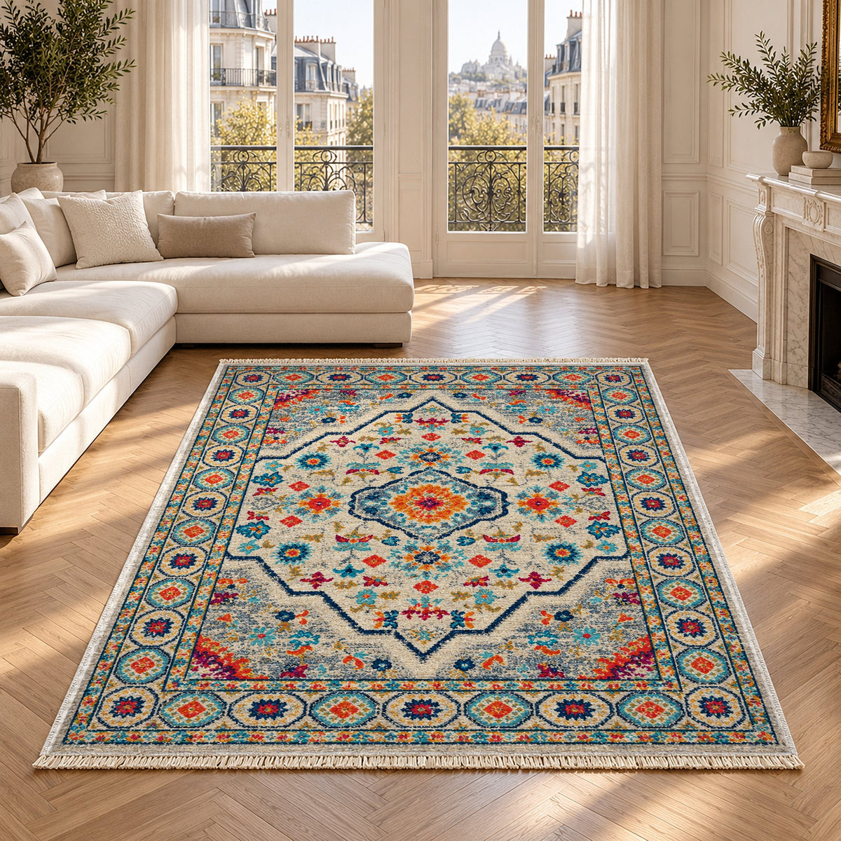 Vintage Medallion 7655 Sapphire washable rug in a Paris living room
