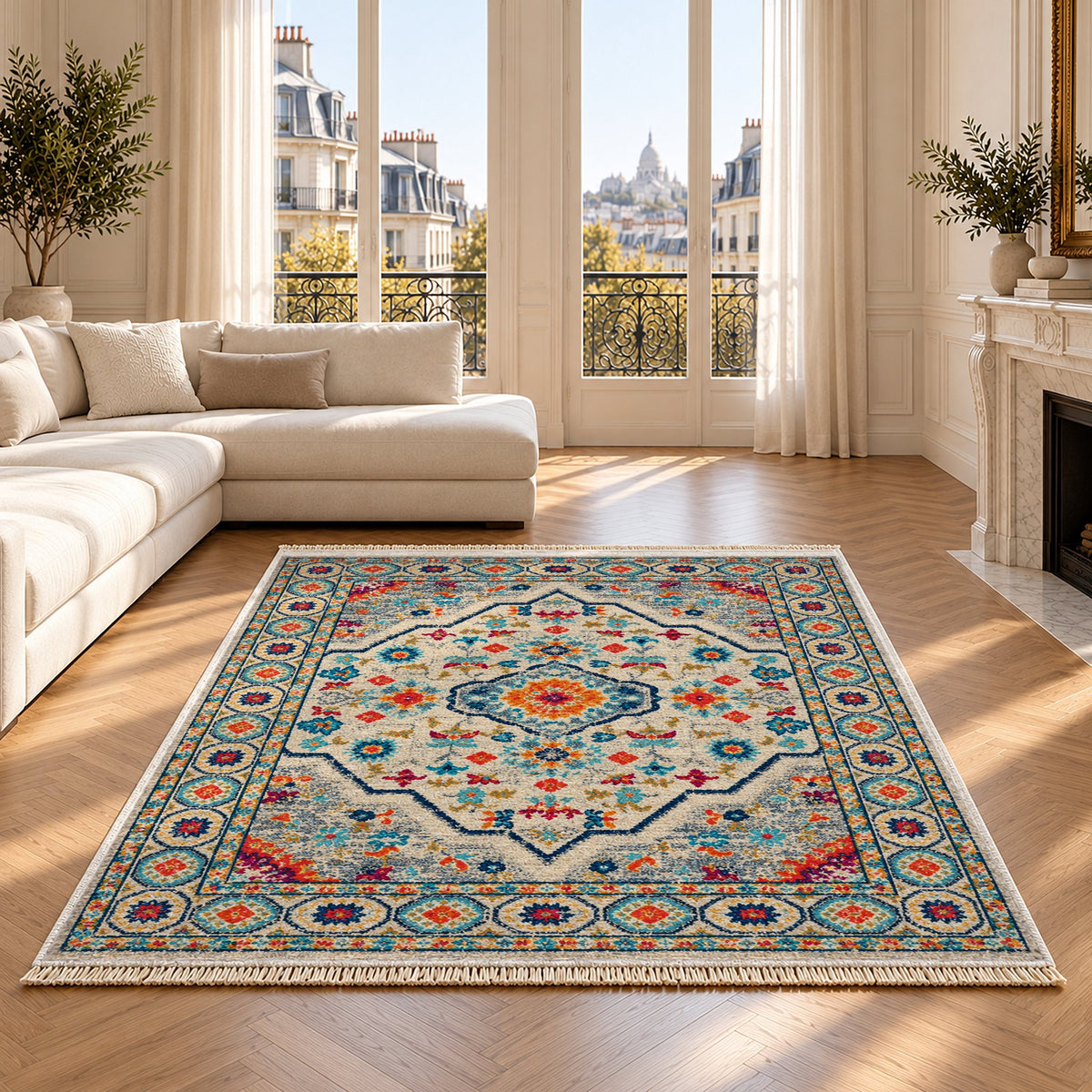 Vintage Medallion 7655 Sapphire washable rug on an oak floor