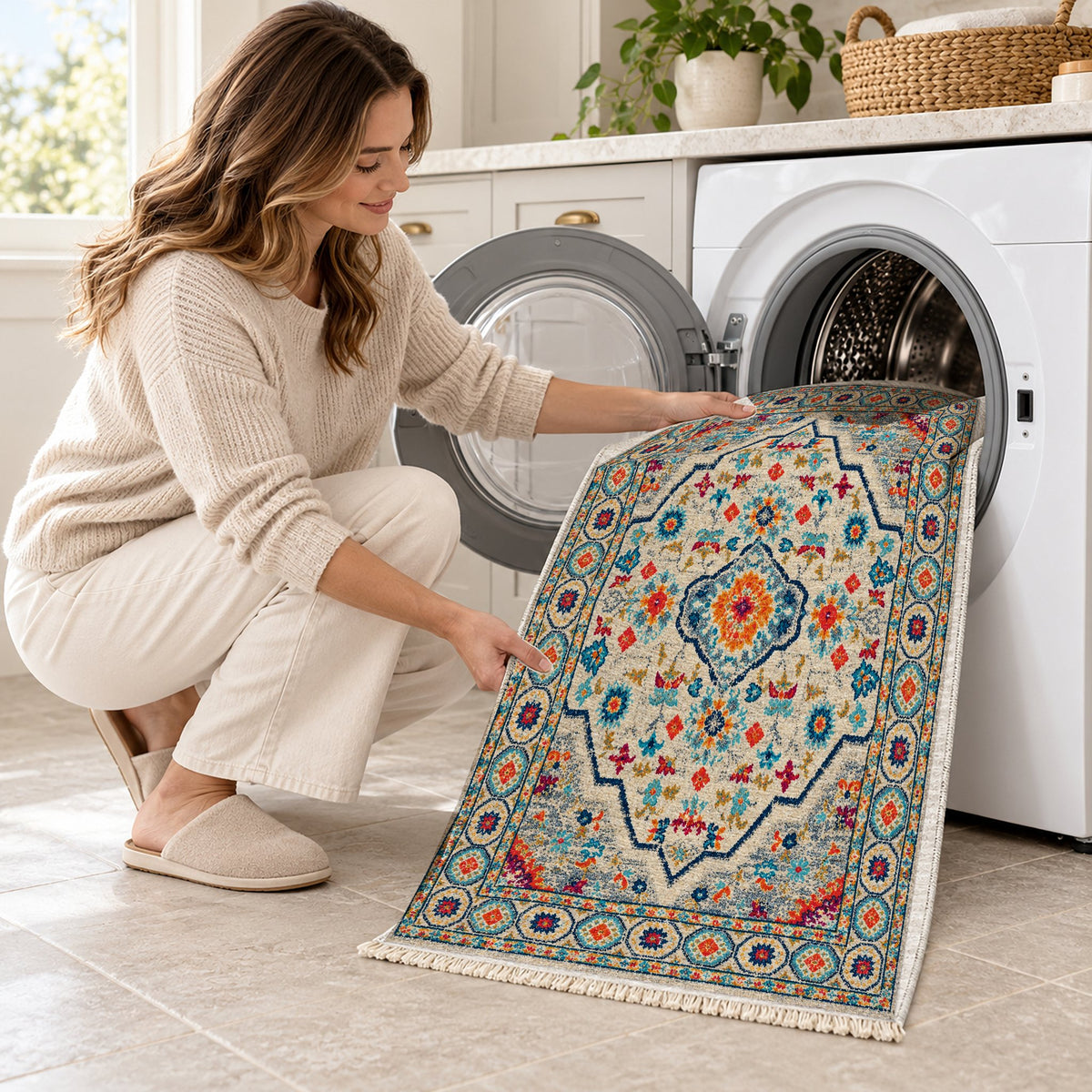Vintage Medallion 7655 Sapphire washable rug being loaded into a washing machine