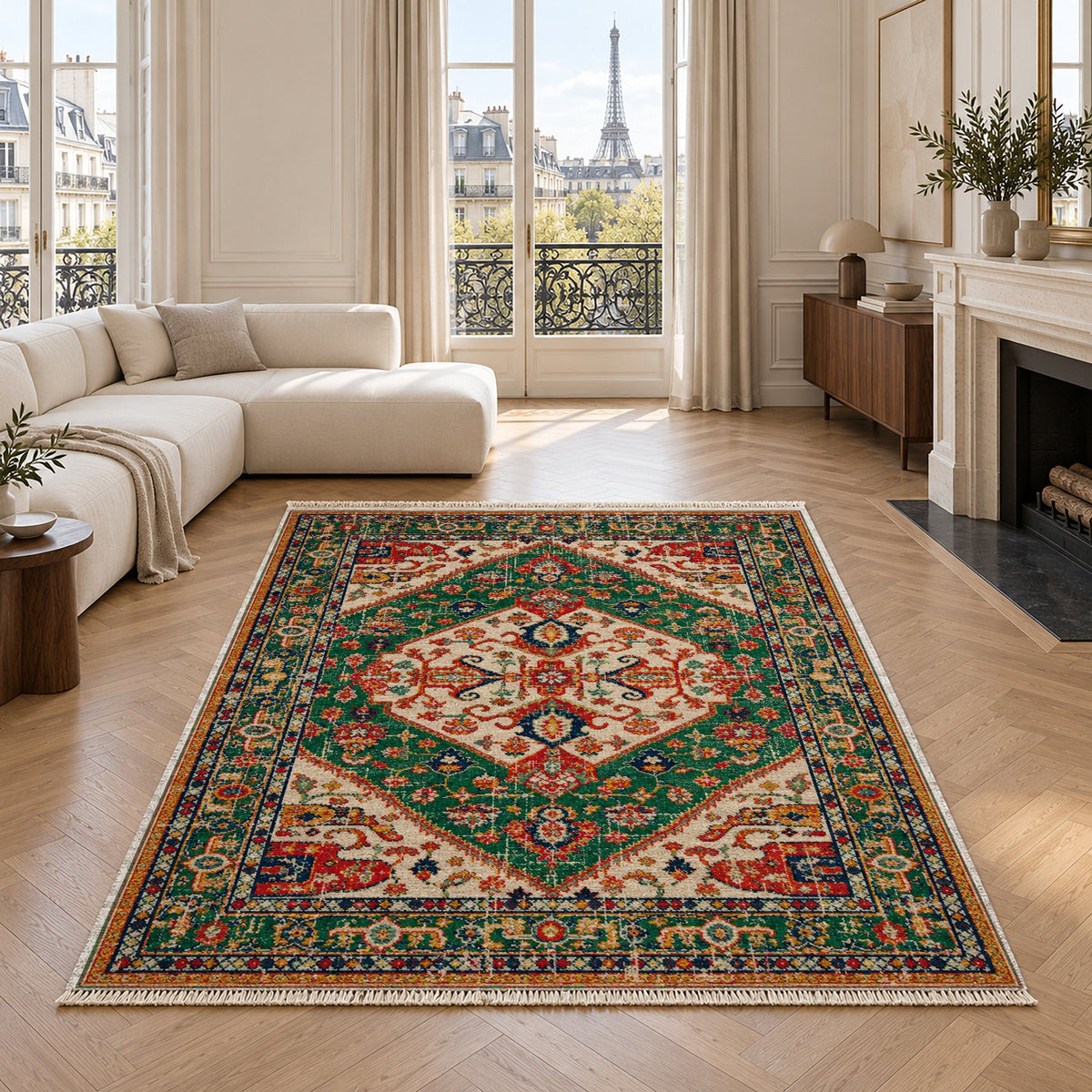 Vintage Medallion 7656 Emerald washable rug in a living room with an Eiffel Tower view