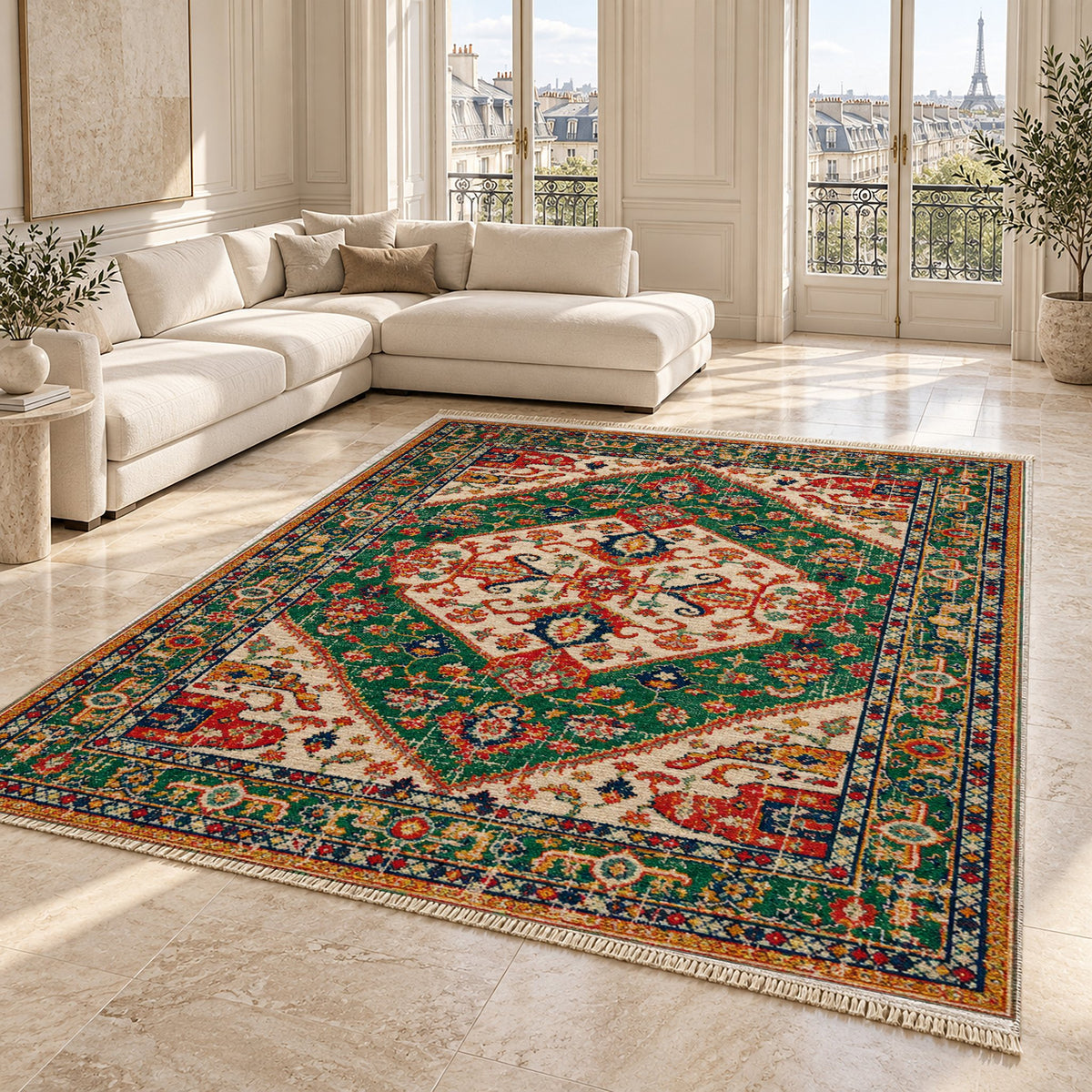 Vintage Medallion 7656 Emerald washable rug angled room view on marble