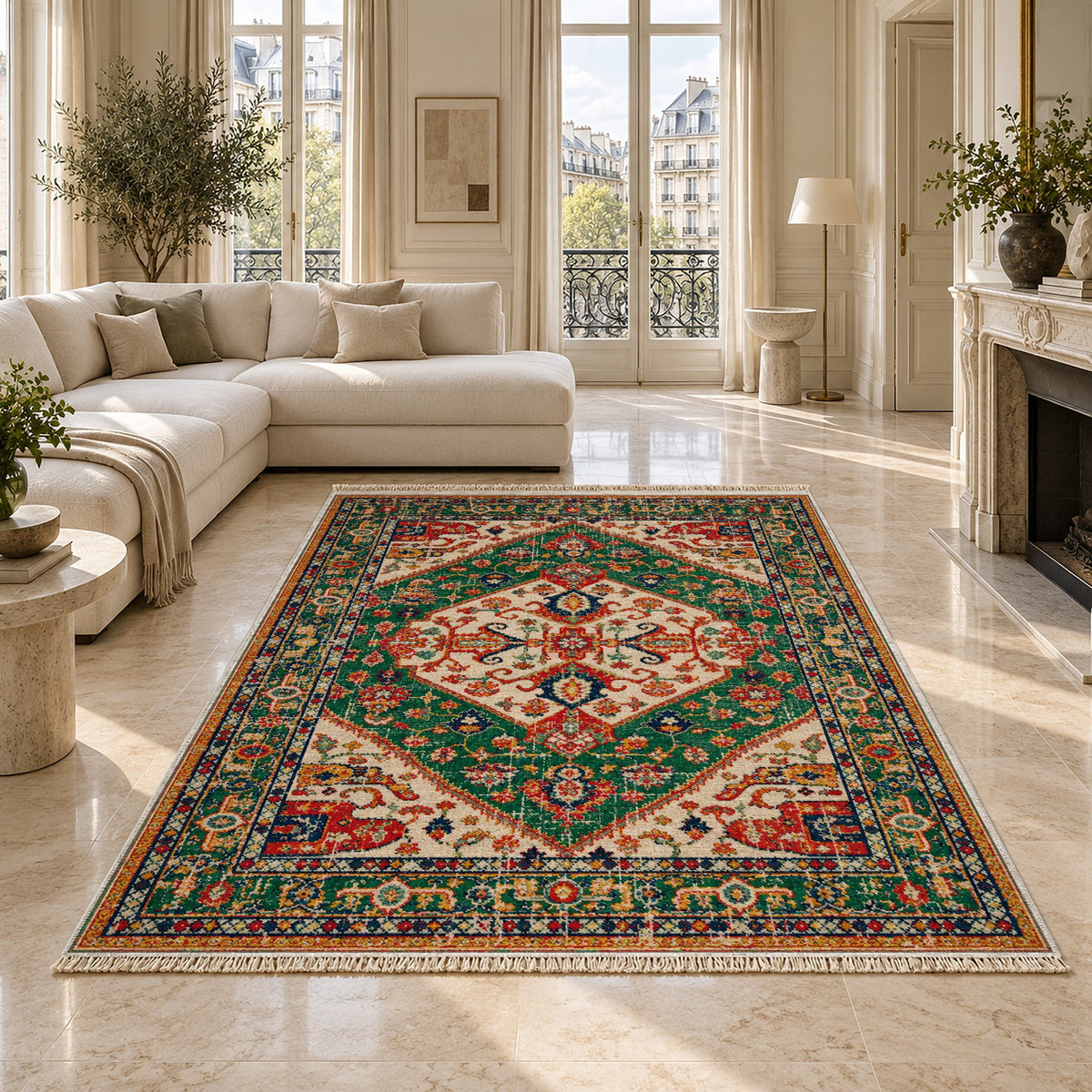 Vintage Medallion 7656 Emerald washable rug on a marble floor