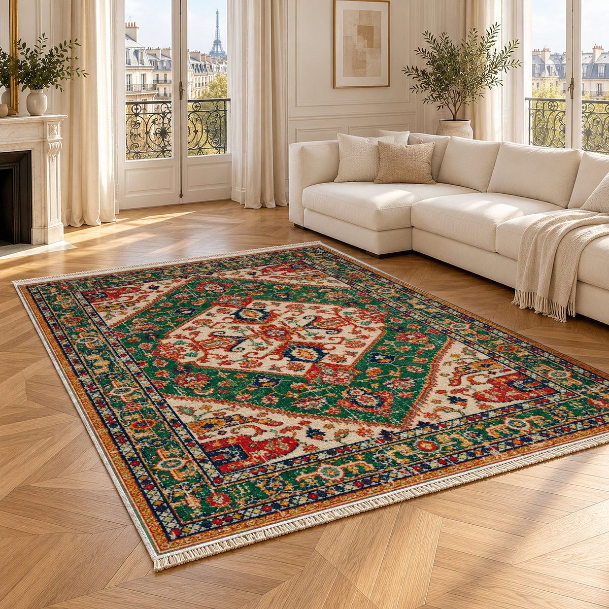 Vintage Medallion 7656 Emerald washable rug angled room view