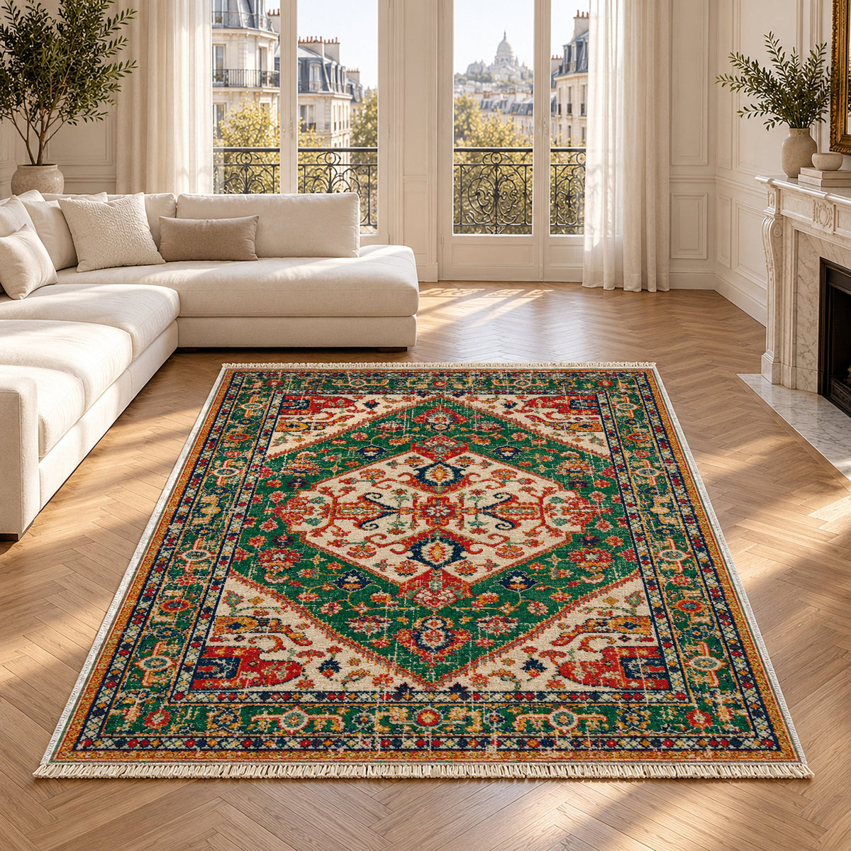 Vintage Medallion 7656 Emerald washable rug in a Paris living room