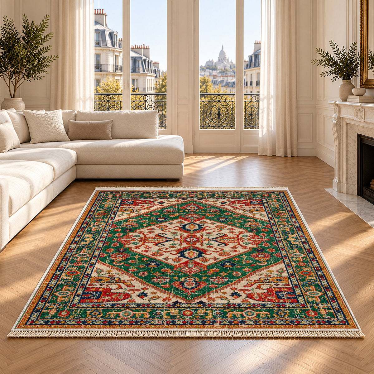Vintage Medallion 7656 Emerald washable rug on an oak floor