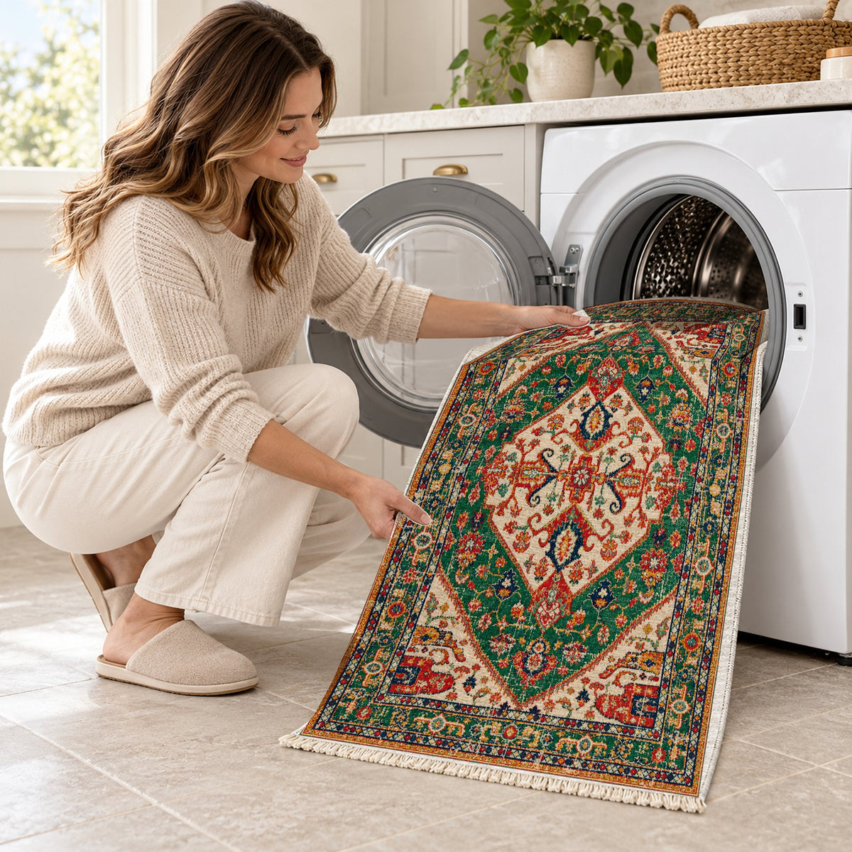 Vintage Medallion 7656 Emerald washable rug being loaded into a washing machine
