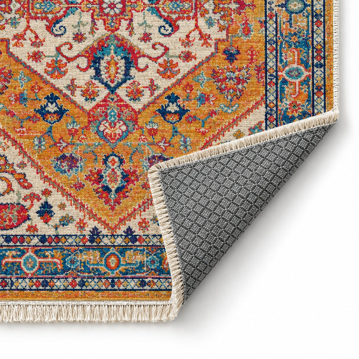 Vintage Medallion 7656 Sapphire washable rug folded corner showing the backing