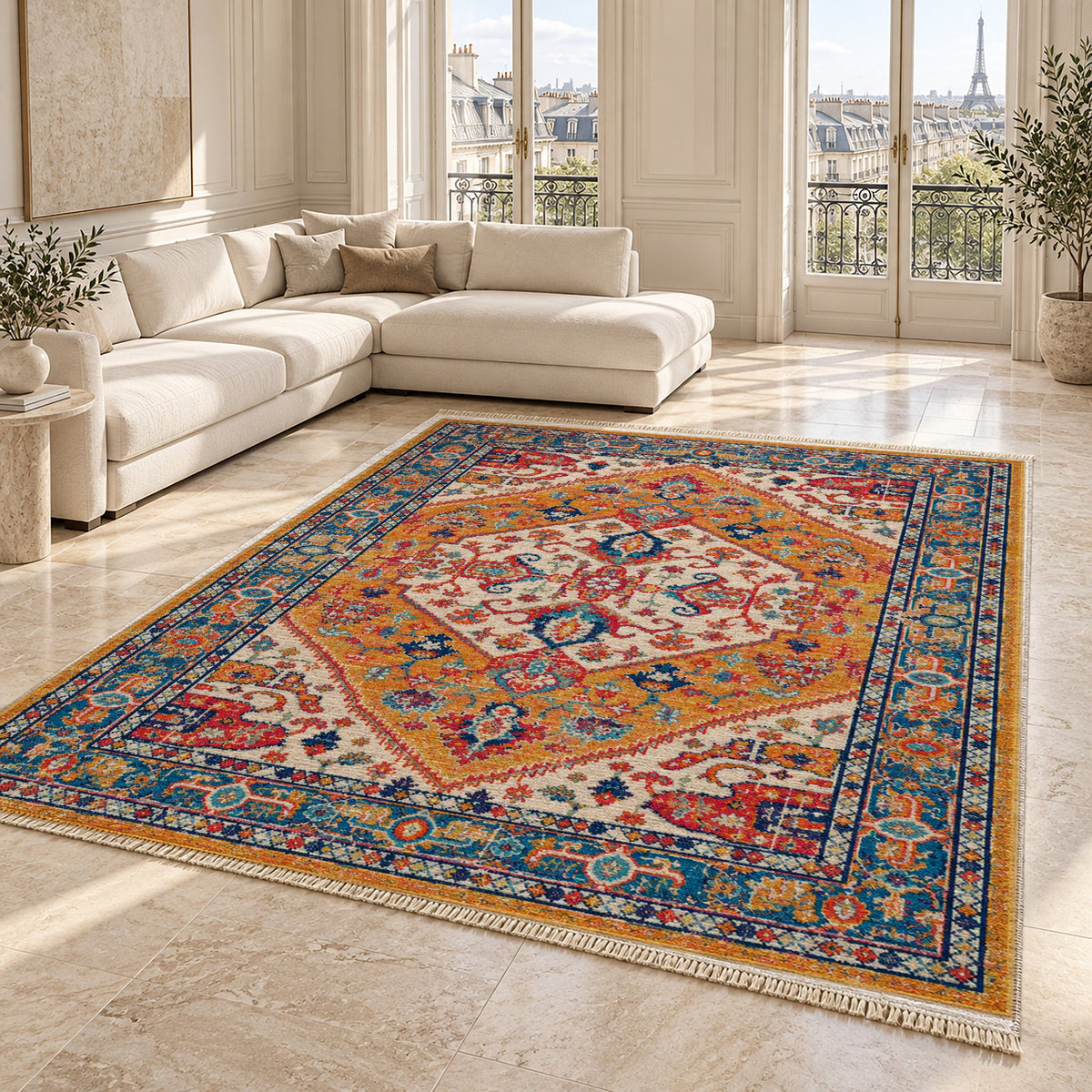 Vintage Medallion 7656 Sapphire washable rug angled room view on marble