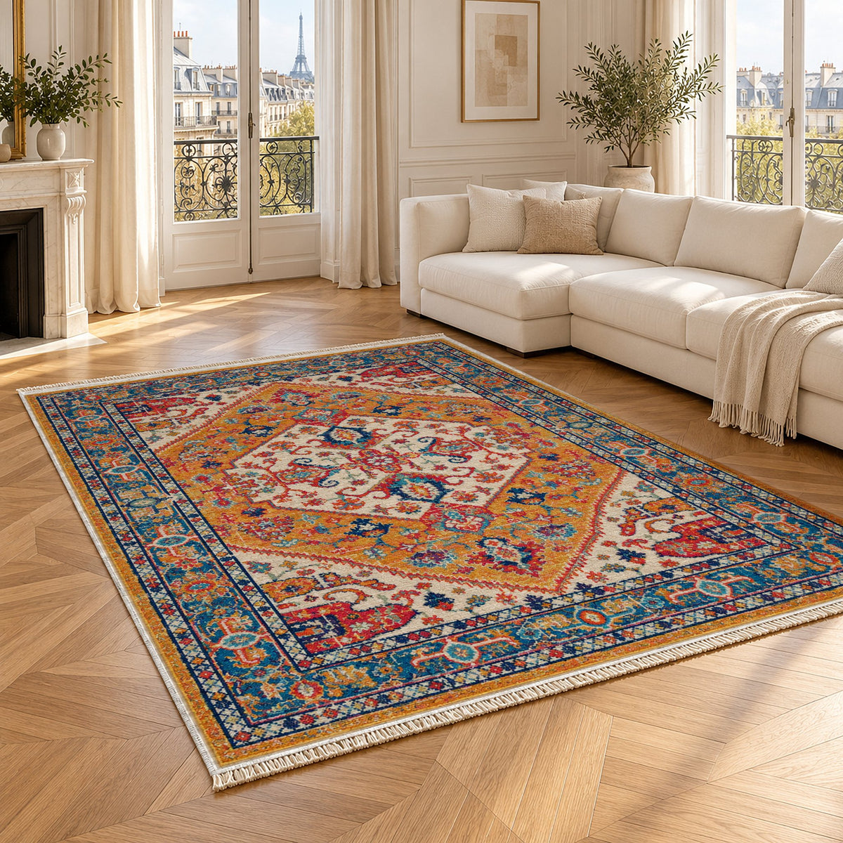 Vintage Medallion 7656 Sapphire washable rug angled room view