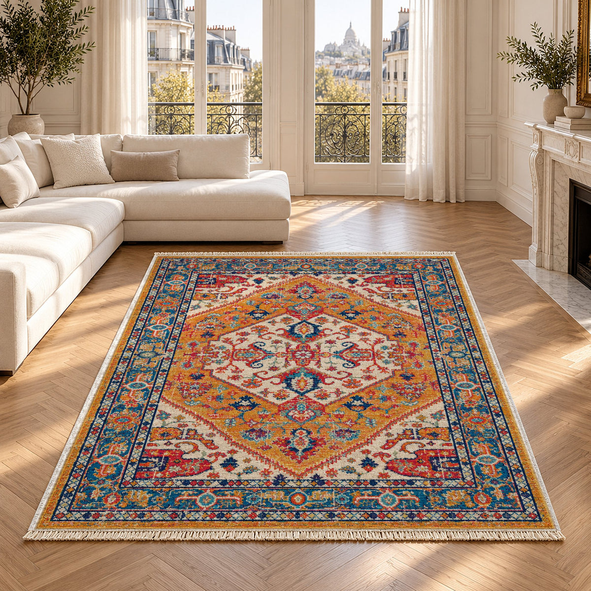 Vintage Medallion 7656 Sapphire washable rug in a Paris living room