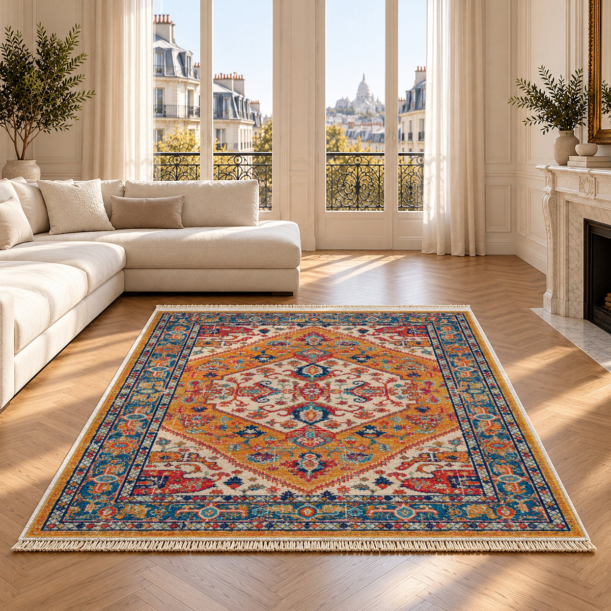 Vintage Medallion 7656 Sapphire washable rug on an oak floor