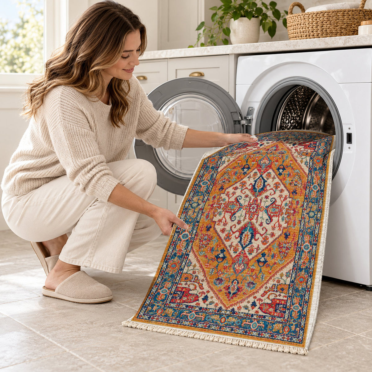 Vintage Medallion 7656 Sapphire washable rug being loaded into a washing machine