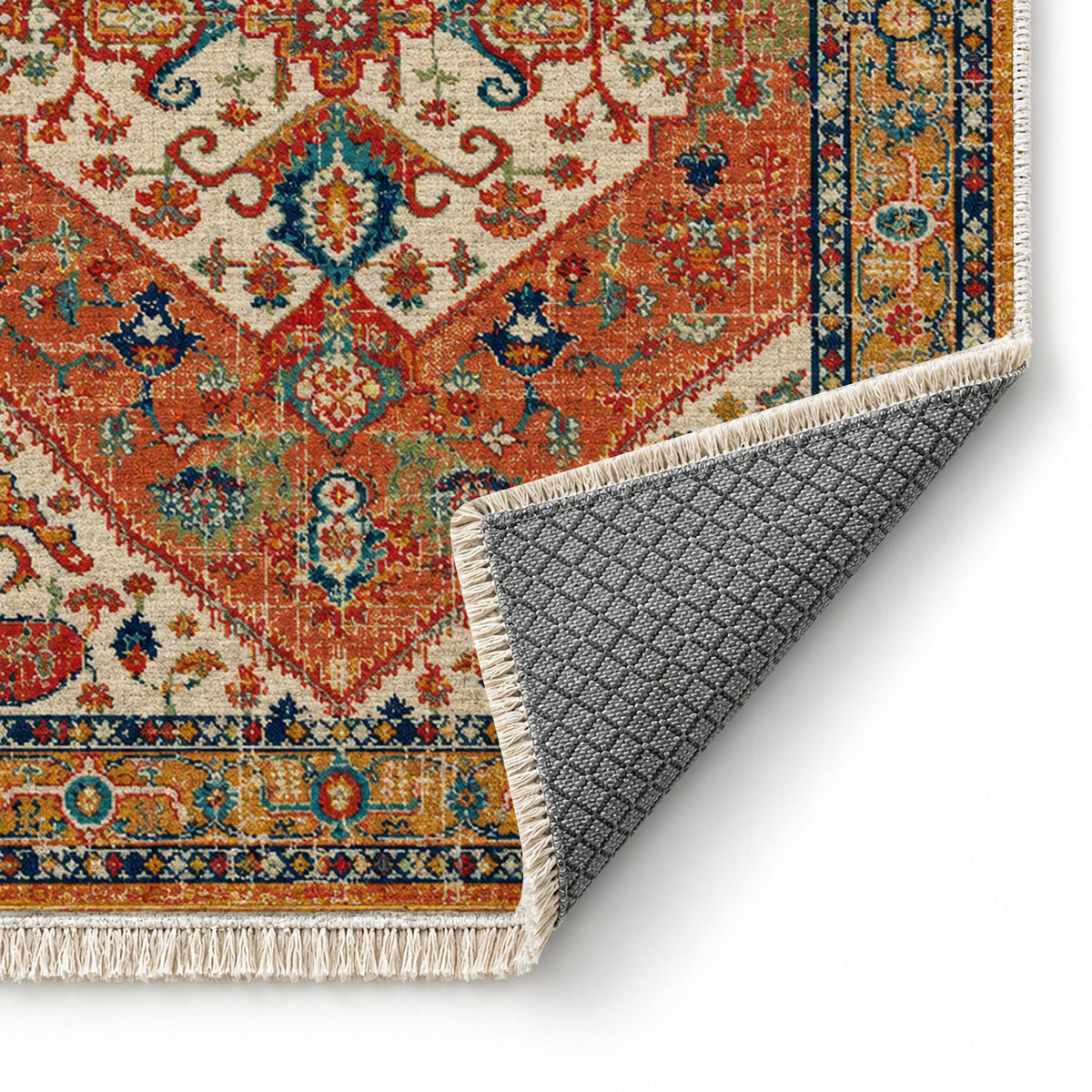 Vintage Medallion 7656 Terracotta washable rug folded corner showing the backing