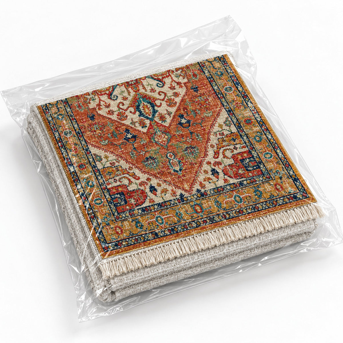 Vintage Medallion 7656 Terracotta washable rug rolled and packaged