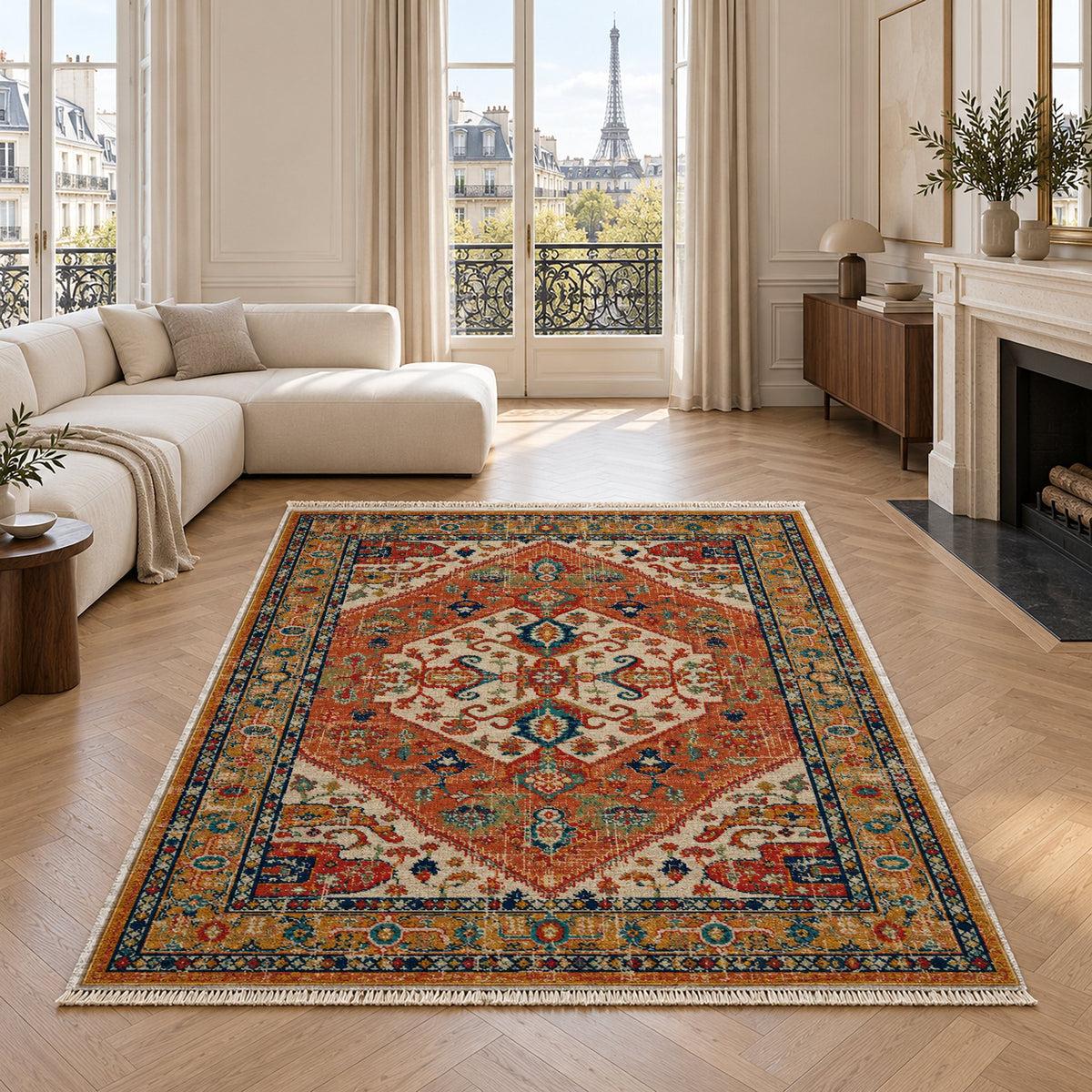 Vintage Medallion 7656 Terracotta washable rug in a living room with an Eiffel Tower view