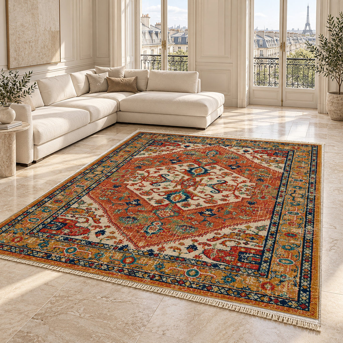 Vintage Medallion 7656 Terracotta washable rug angled room view on marble