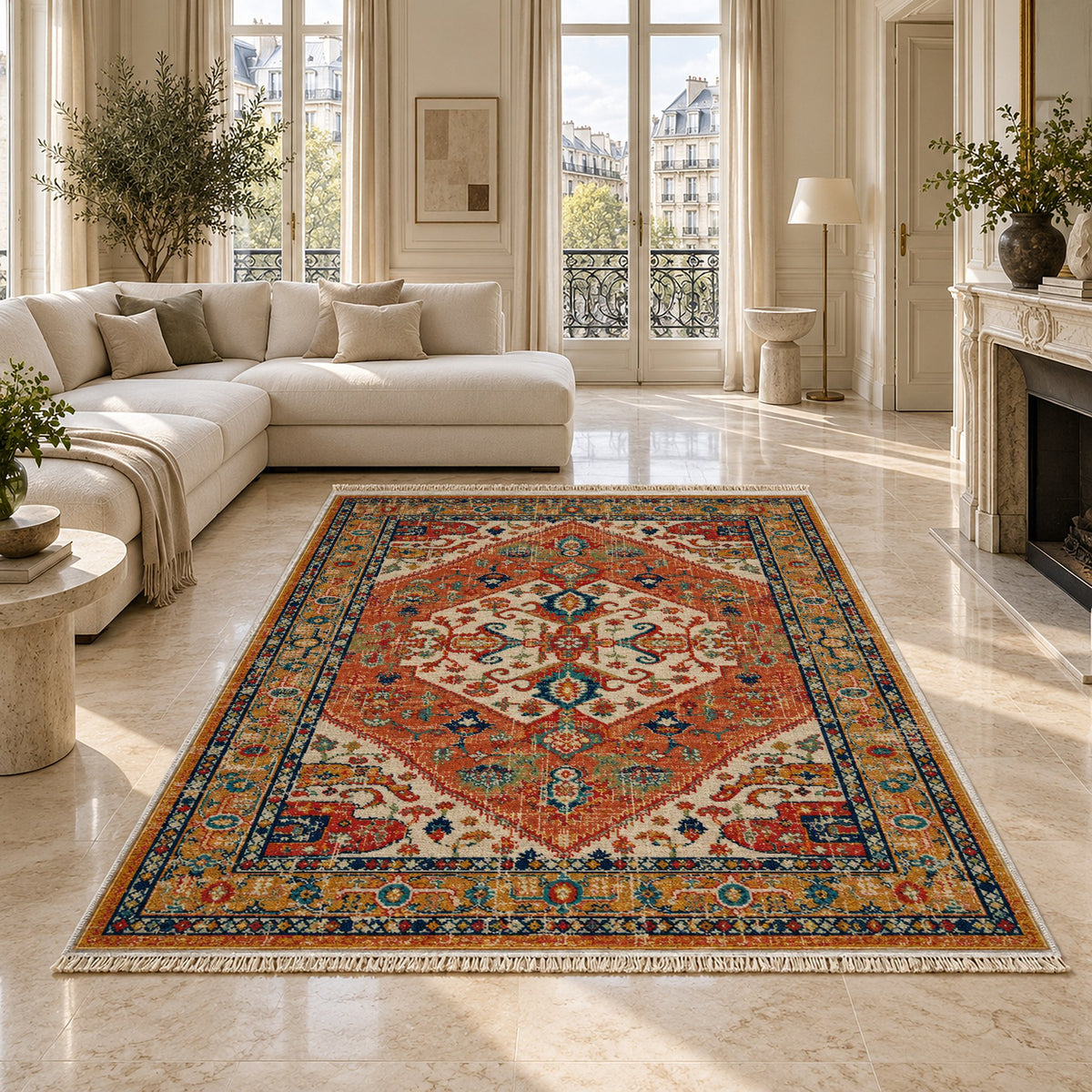 Vintage Medallion 7656 Terracotta washable rug on a marble floor