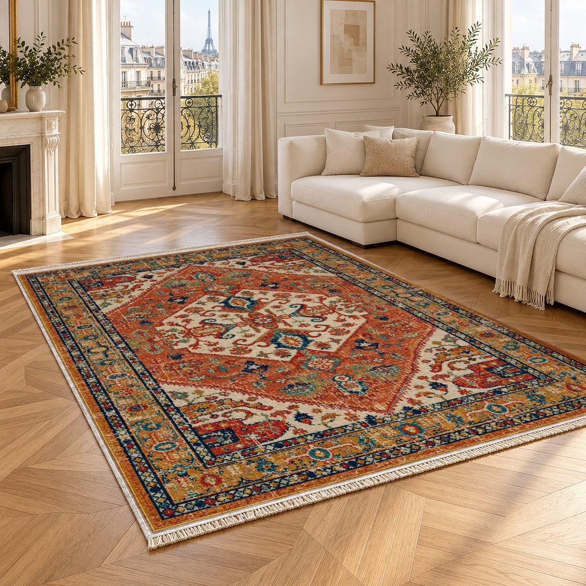 Vintage Medallion 7656 Terracotta washable rug angled room view