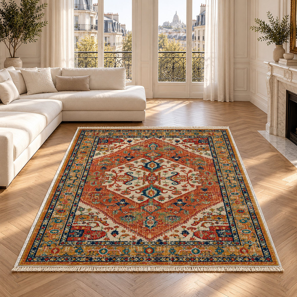 Vintage Medallion 7656 Terracotta washable rug in a Paris living room