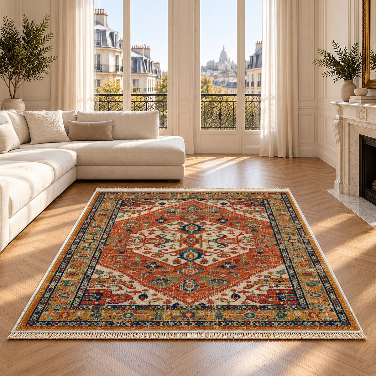 Vintage Medallion 7656 Terracotta washable rug on an oak floor