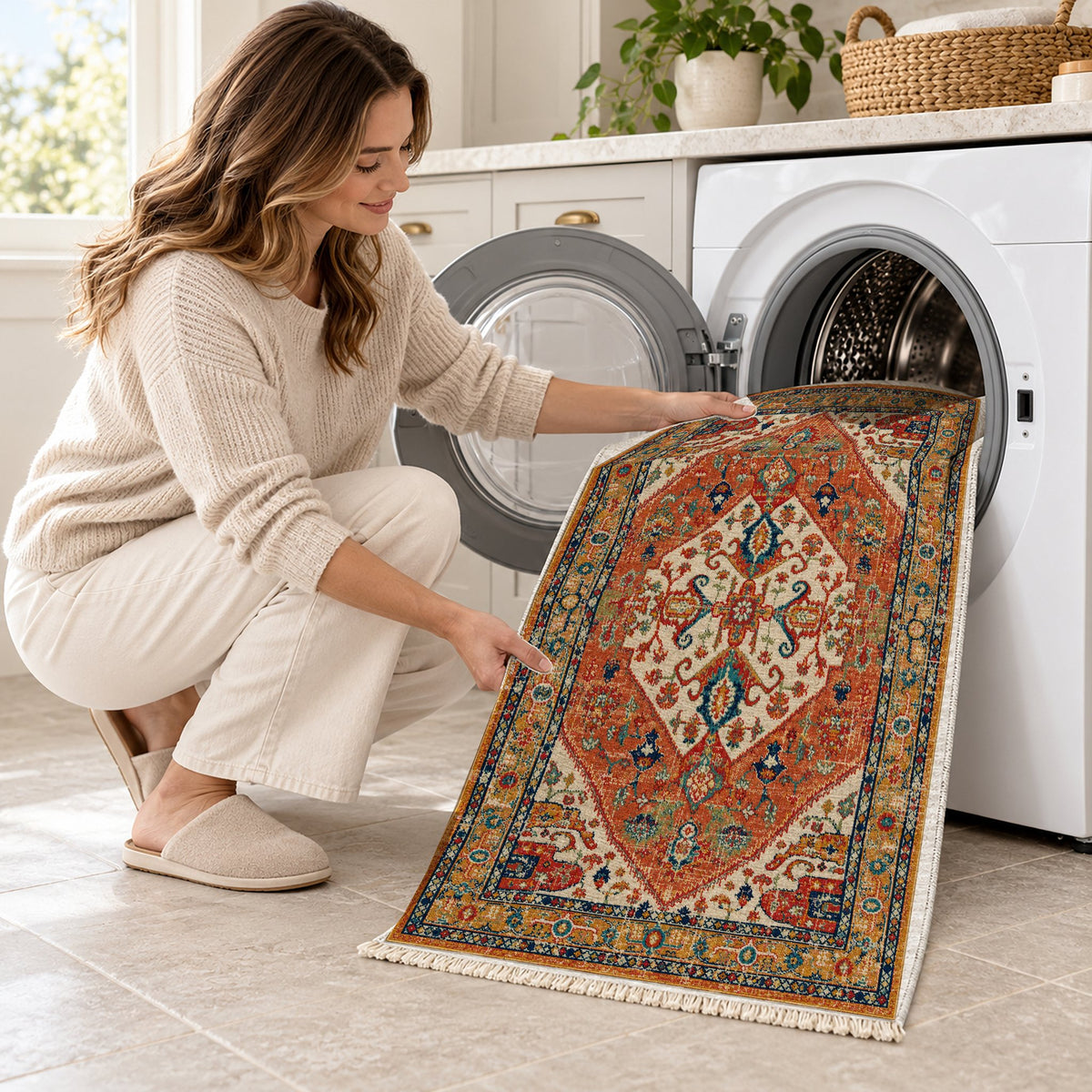 Vintage Medallion 7656 Terracotta washable rug being loaded into a washing machine
