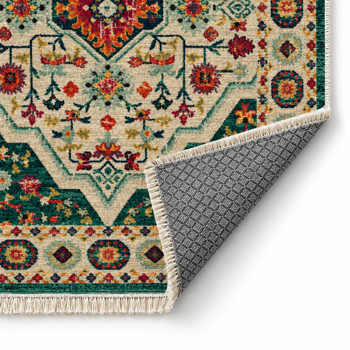 Vintage Medallion 7657 Emerald washable rug folded corner showing the backing