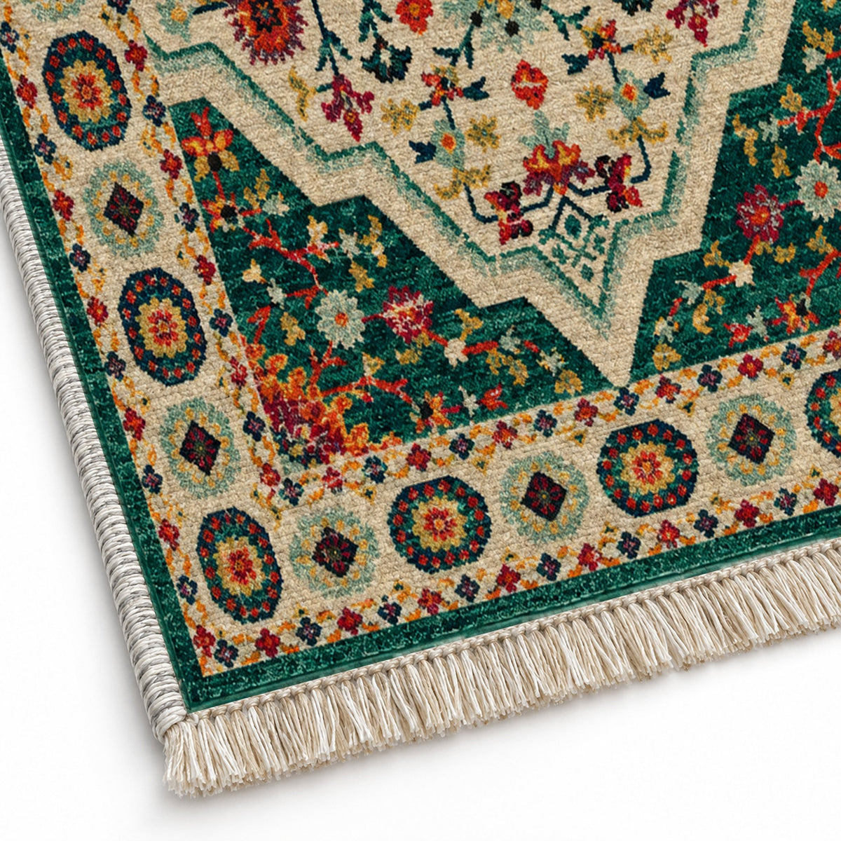 Vintage Medallion 7657 Emerald washable rug close-up of the printed chenille