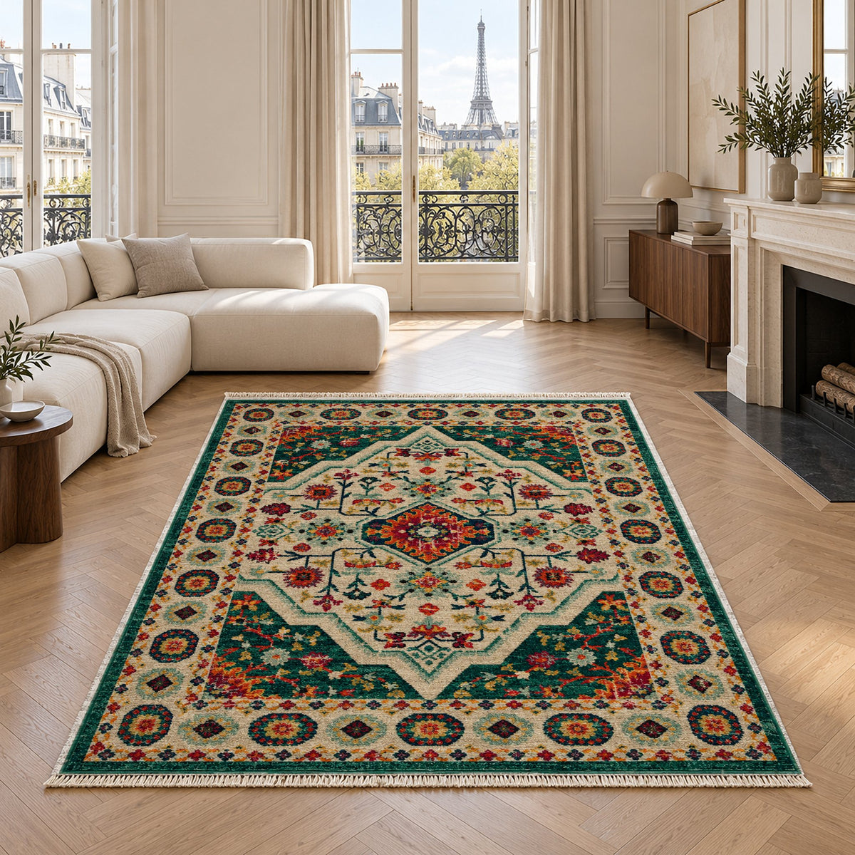 Vintage Medallion 7657 Emerald washable rug in a living room with an Eiffel Tower view