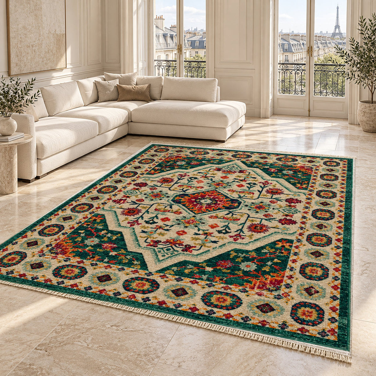 Vintage Medallion 7657 Emerald washable rug angled room view on marble