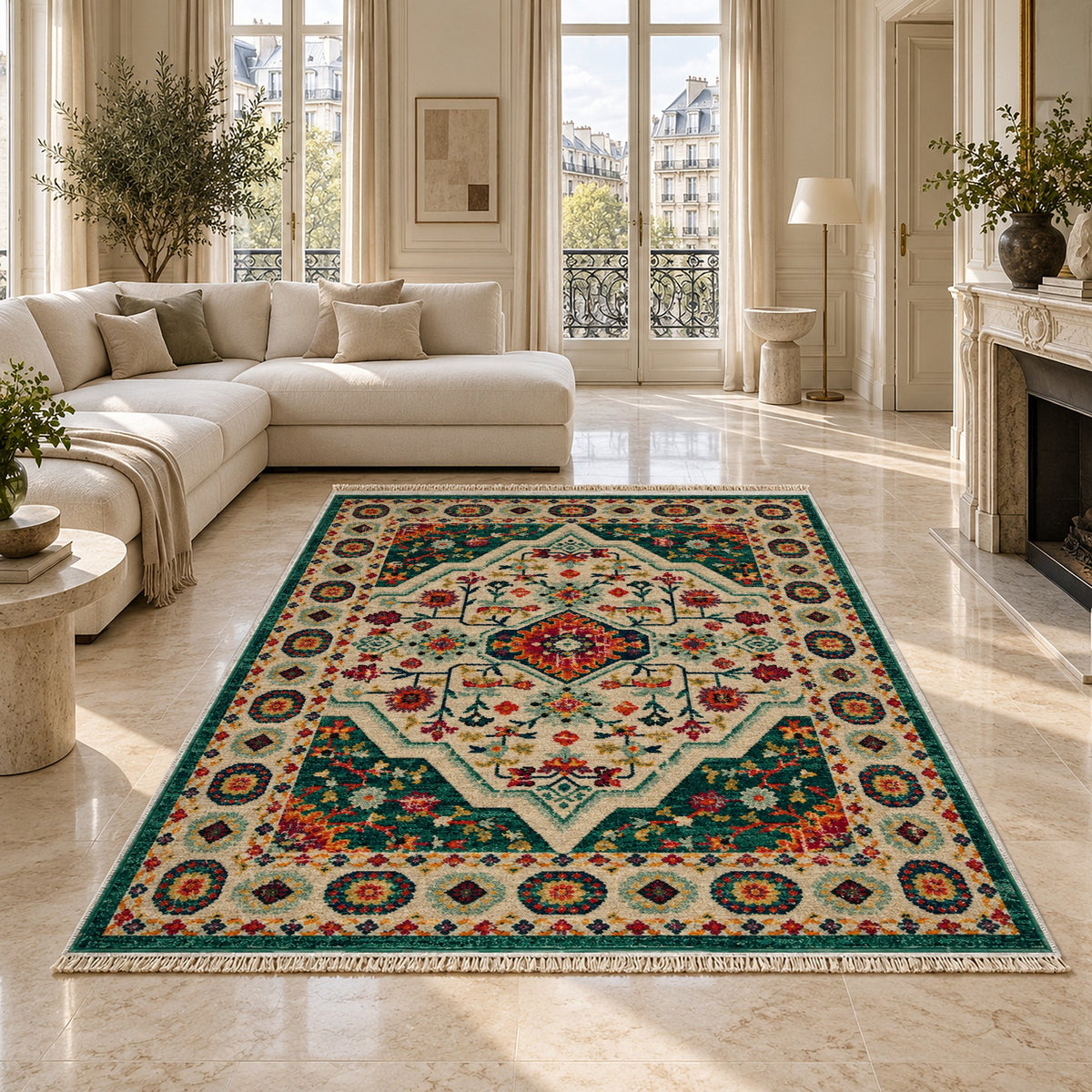 Vintage Medallion 7657 Emerald washable rug on a marble floor