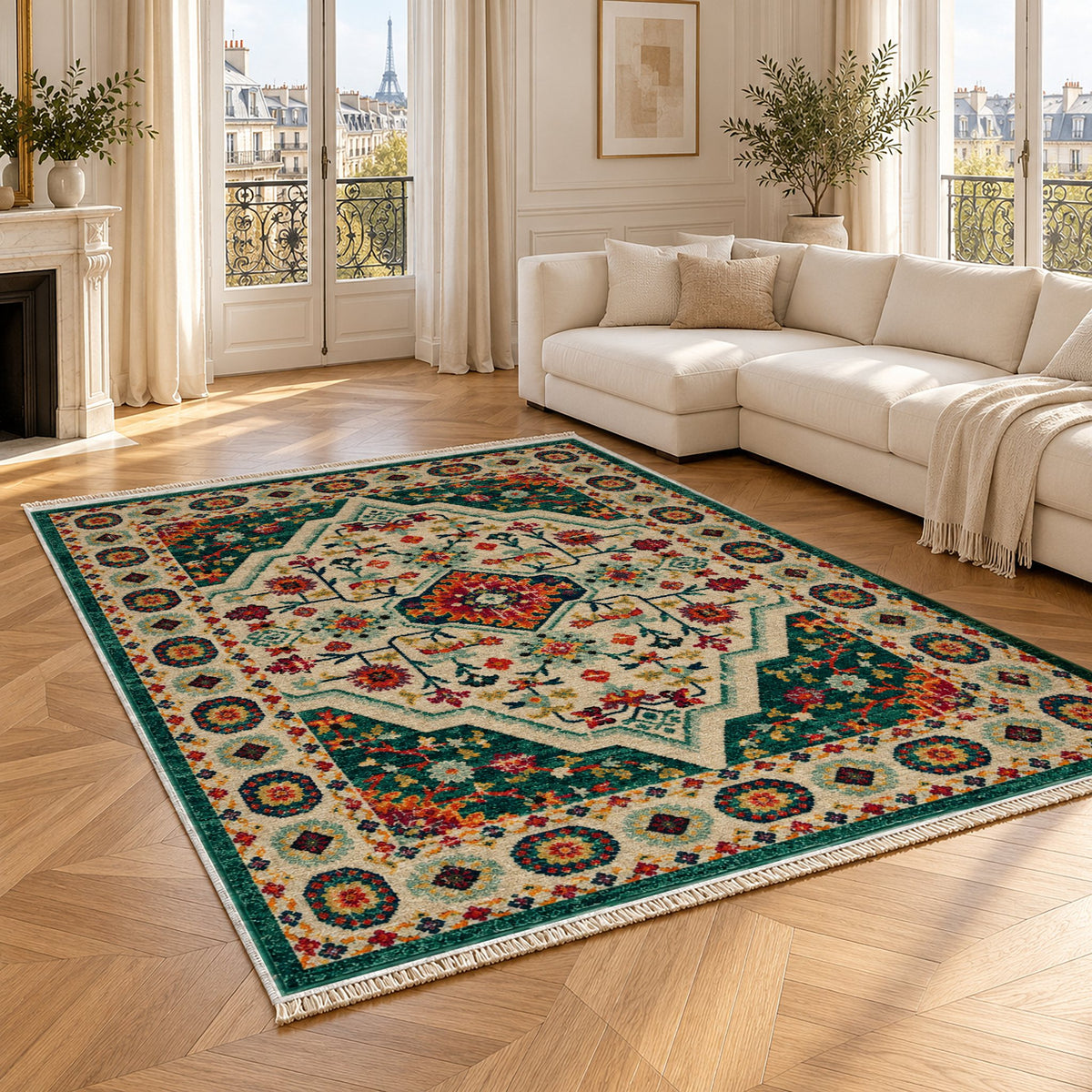 Vintage Medallion 7657 Emerald washable rug angled room view