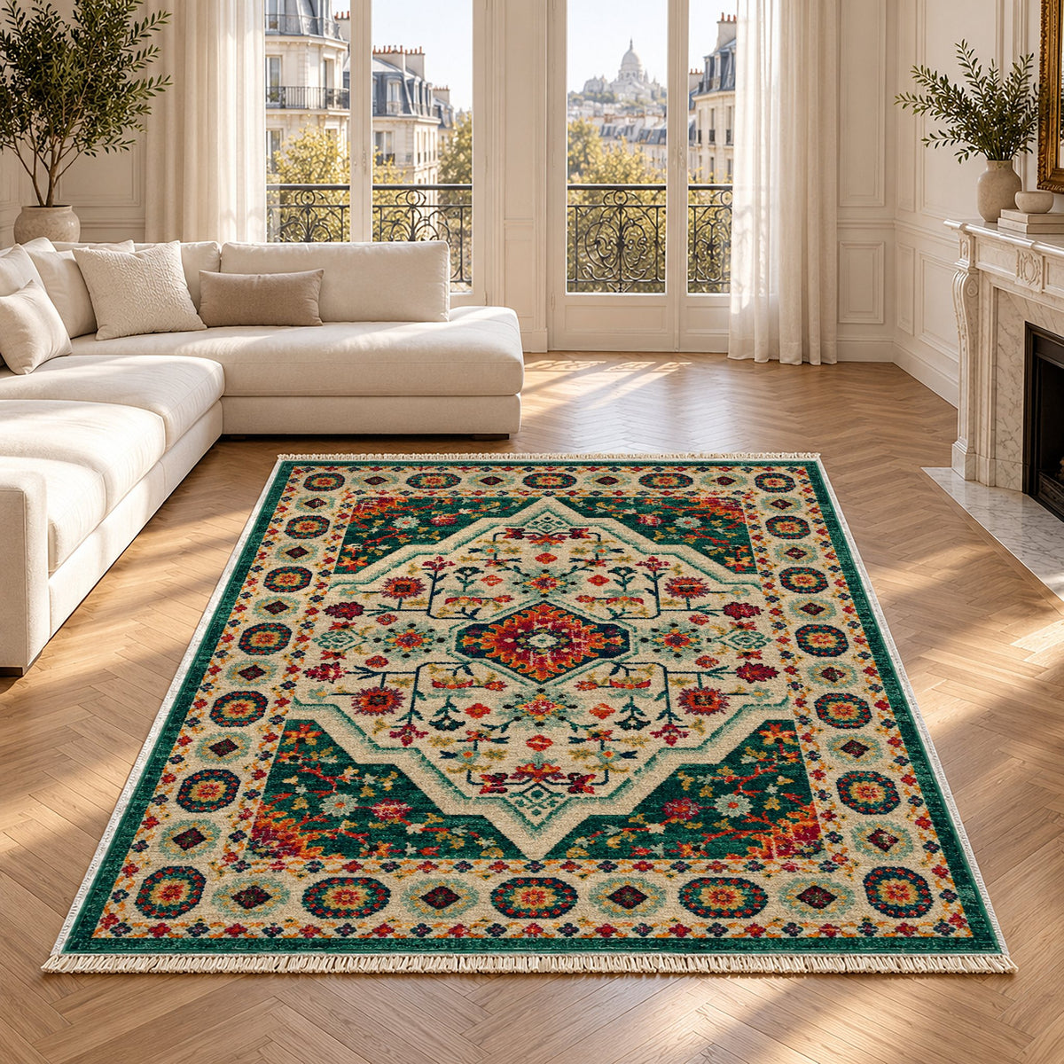 Vintage Medallion 7657 Emerald washable rug in a Paris living room