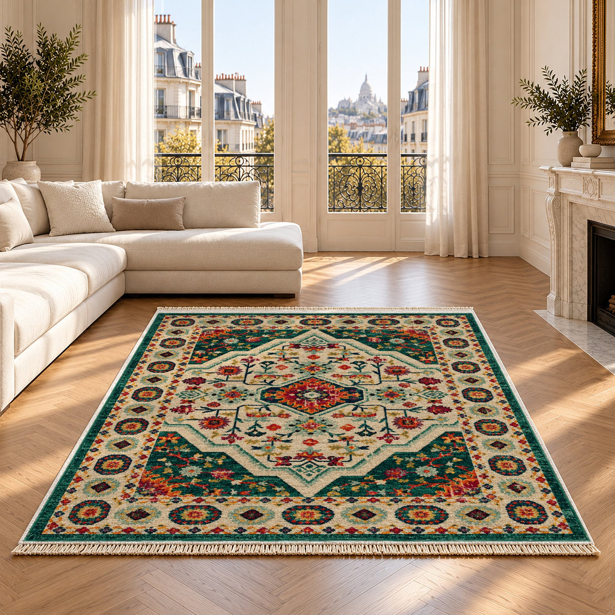 Vintage Medallion 7657 Emerald washable rug on an oak floor