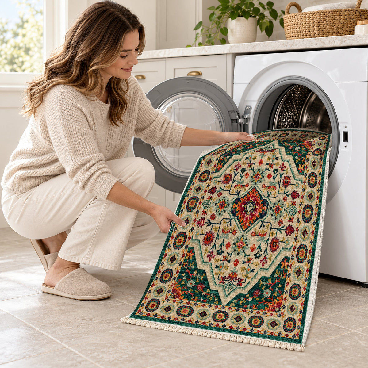 Vintage Medallion 7657 Emerald washable rug being loaded into a washing machine