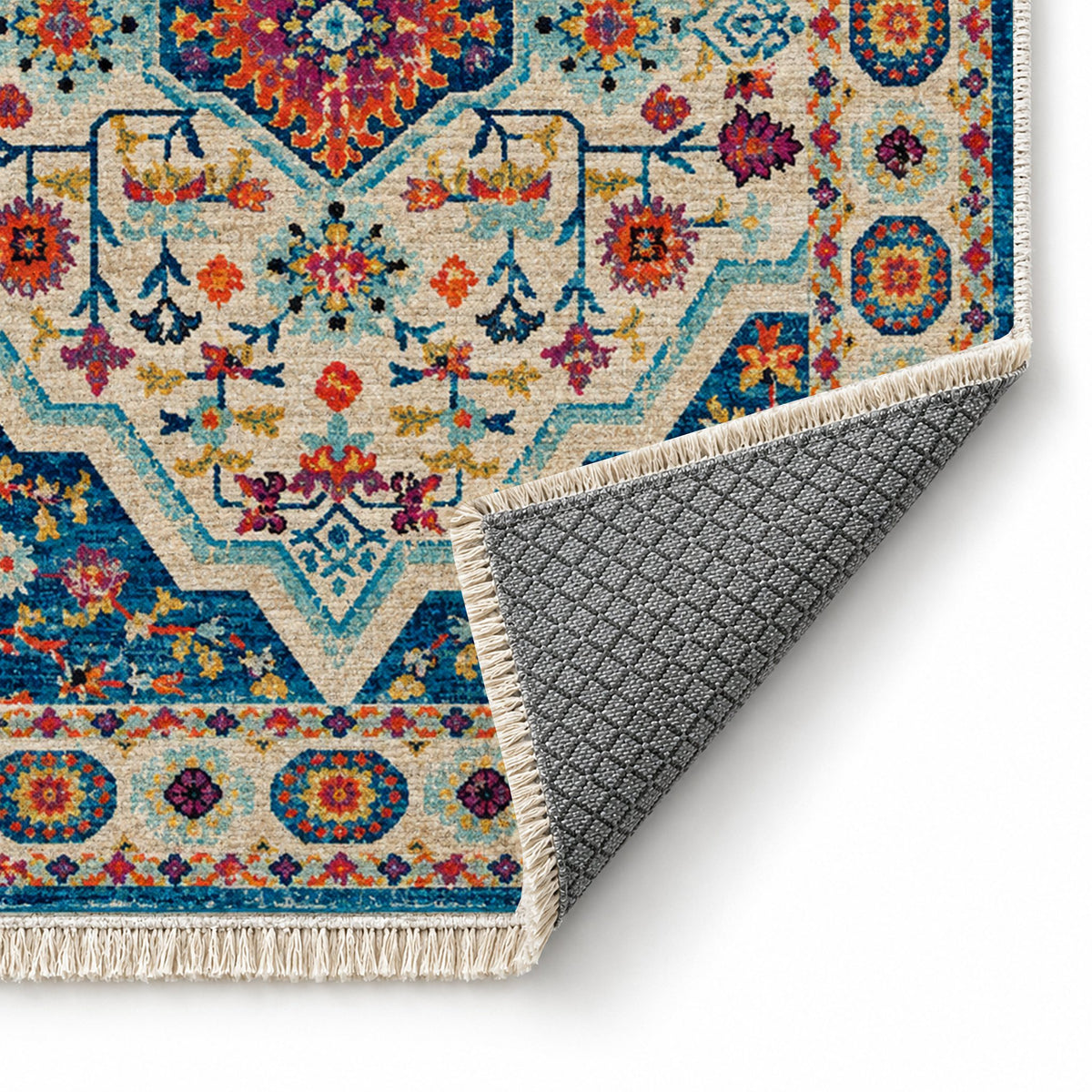 Vintage Medallion 7657 Sapphire washable rug folded corner showing the backing