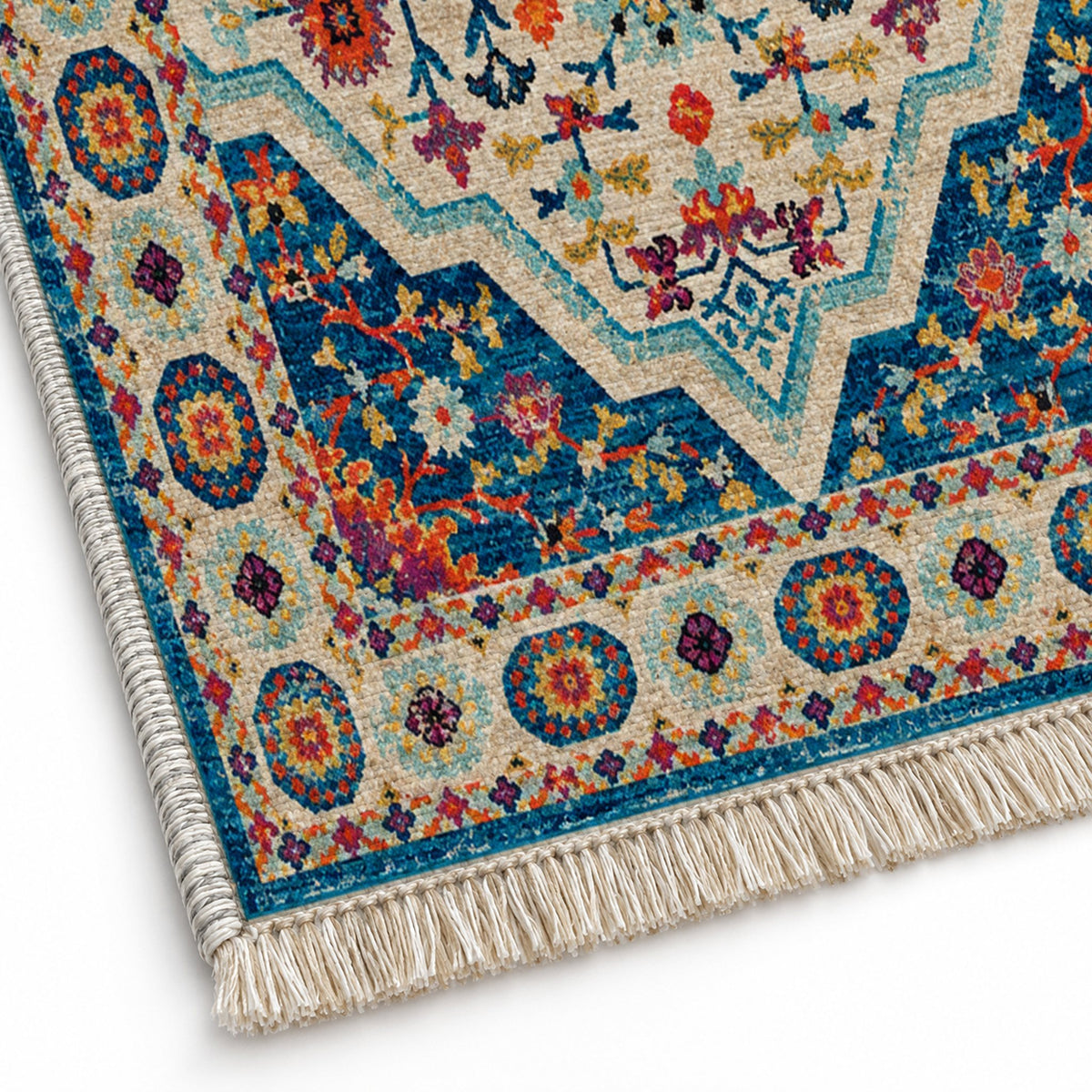 Vintage Medallion 7657 Sapphire washable rug close-up of the printed chenille