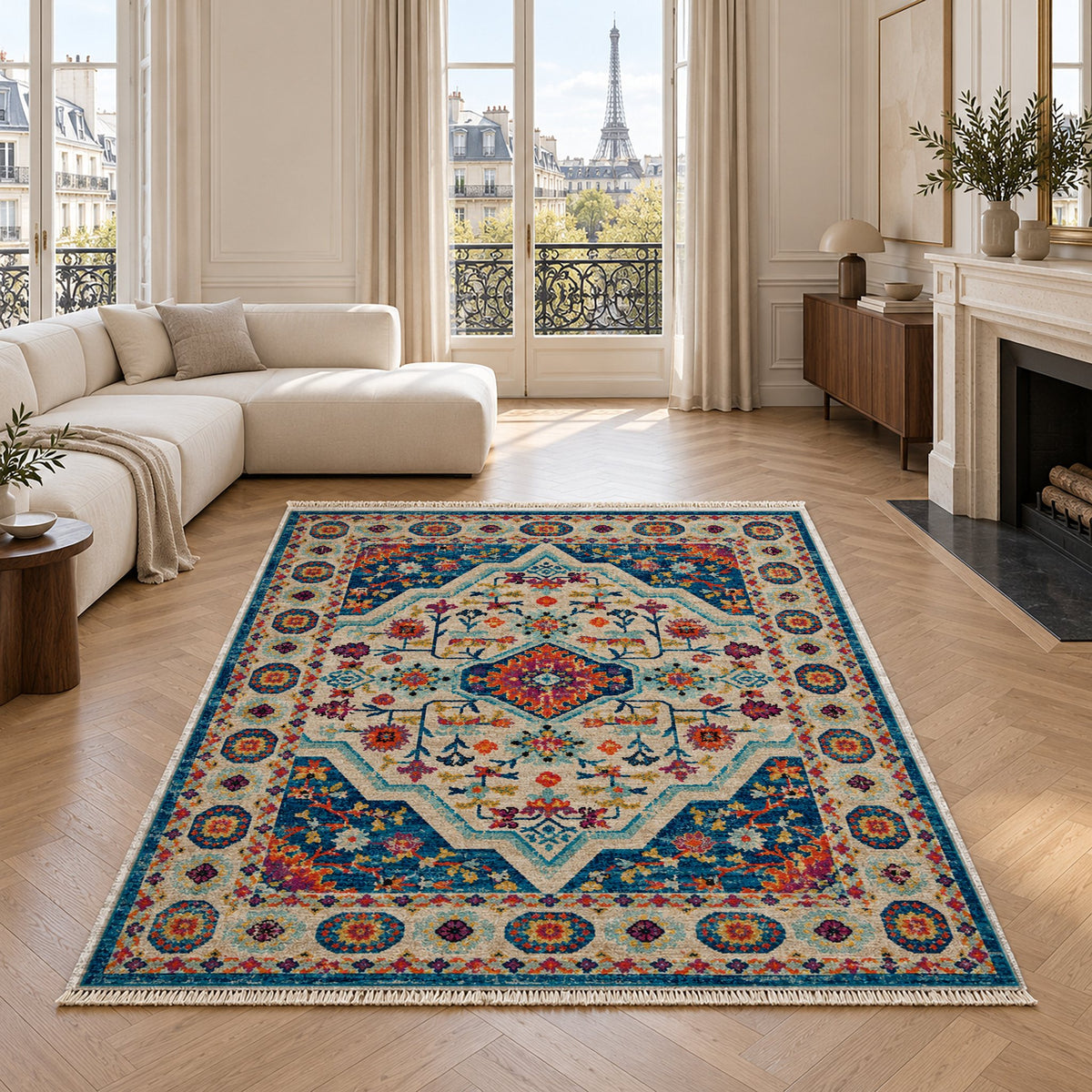 Vintage Medallion 7657 Sapphire washable rug in a living room with an Eiffel Tower view
