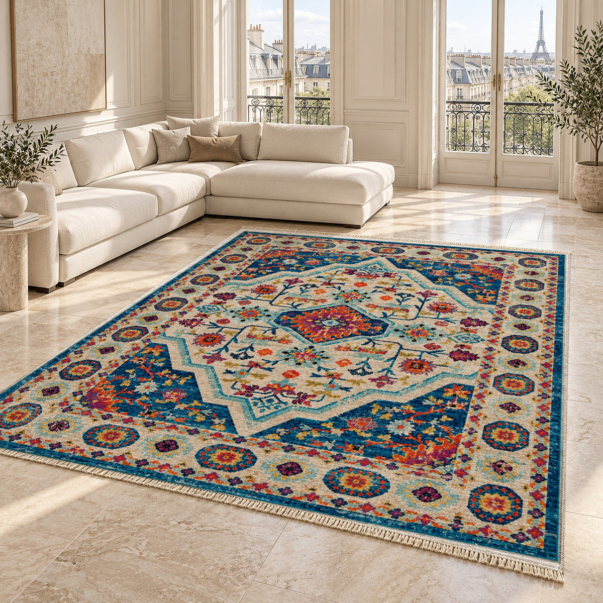 Vintage Medallion 7657 Sapphire washable rug angled room view on marble